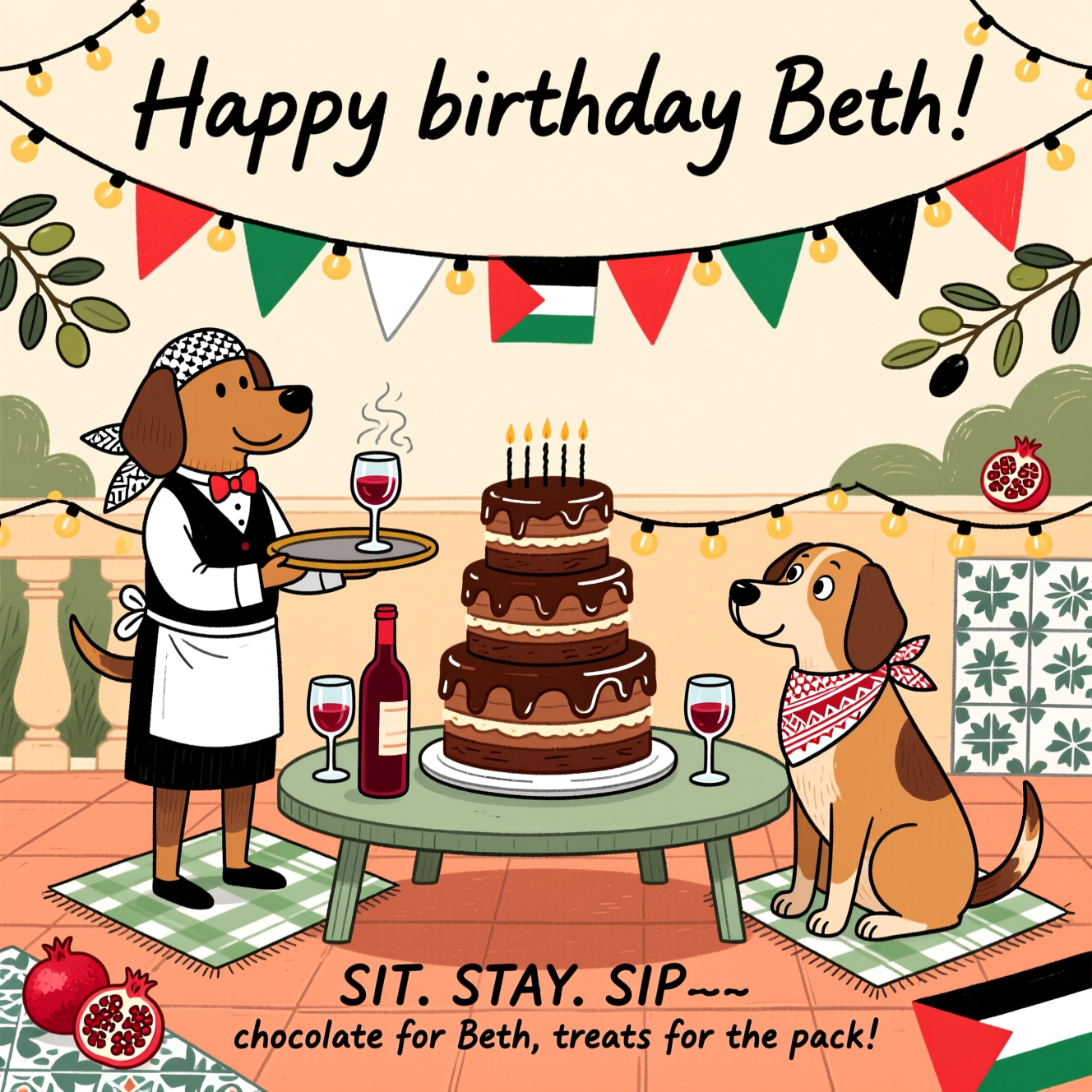 At the top of the Illustration Style image, "Happy birthday Beth "

At the bottom of the image, "SIT. STAY. SIP.—chocolate for Beth, treats for the pack!"

Illustrate a playful, hand-drawn scene with fine linework and textured brush strokes: two goofy dogs in keffiyeh-pattern bandanas hosting a birthday picnic on a warm, terracotta-and-olive terrace. Center stage, a towering chocolate layer cake with glossy ganache sits on a low table next to a bottle of red wine and two clinking glasses. One dog proudly “waiter-walks” a tray with a wobbly glass of wine, while the other sits, tail thumping, eyes hilariously locked on the cake but not touching it. String lights and bunting in red, green, white, and black arc overhead; olive branches, pomegranates, and patterned tiles add subtle Palestinian motifs. Keep a balanced composition with inviting negative space for the headline and punchline, and a warm, expressive color palette of cream, ochre, deep reds, olive greens, and charcoal linework. Make the top headline big and celebratory, and the bottom punchline cheeky and bold.
Generated with these themes: Dogs, Palestine, chocolate, wine, and .
Made with ❤️ by AI.
