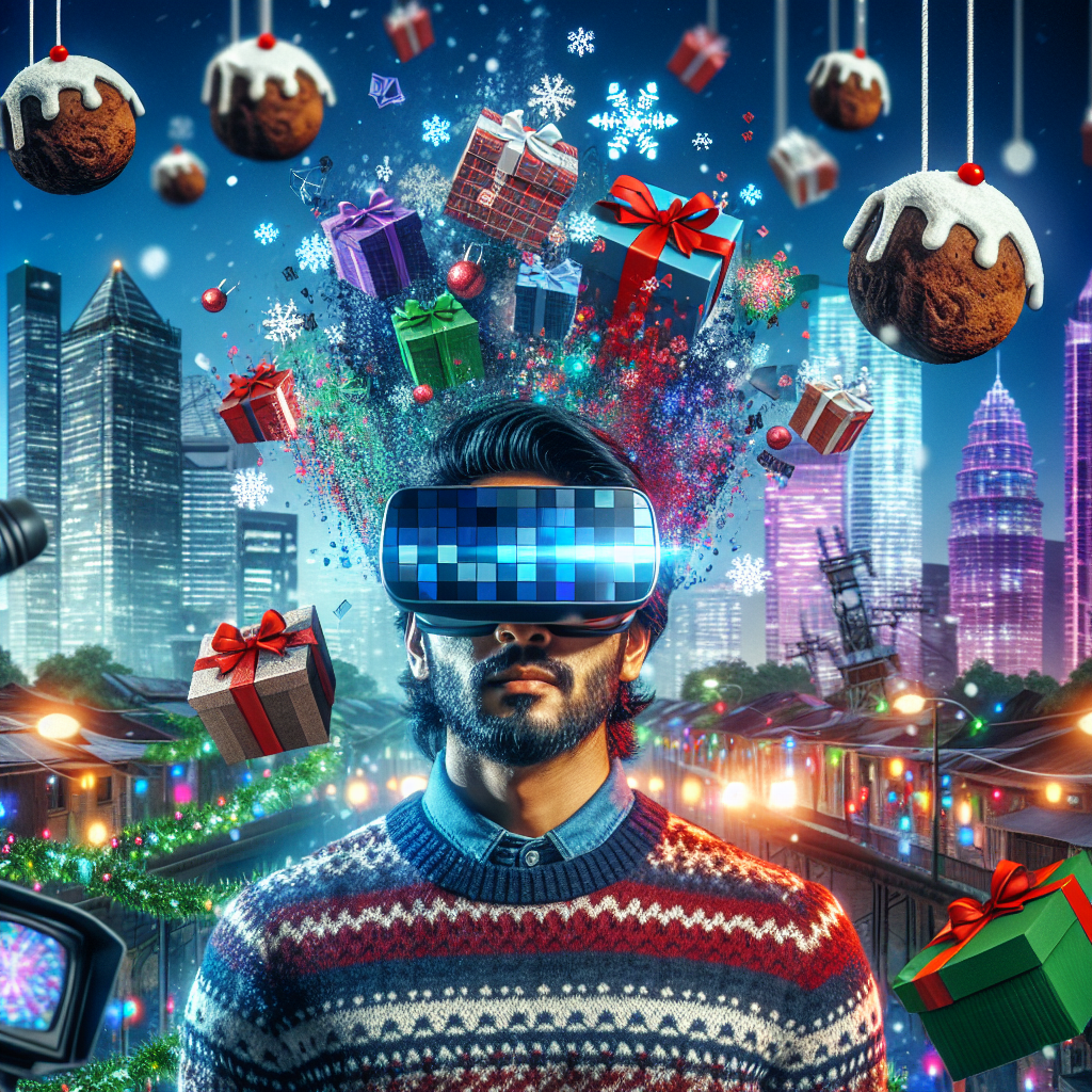 A surreal tableau features a South Asian man wearing virtual reality goggles, surrounded by floating Christmas presents and pixelated snowflakes that mimic the essence of computer games. In the heart of Media City, Salford, buildings pulsate with colorful lights, forming a backdrop against which Christmas puddings roll like tumbleweeds, and TV cameras broadcast the cheer, with the festive phrase 'Happy Holidays and a Happy 2024 from all of us at King of Sunshine Productions' emblazoned across the sky.
Generated with these themes: South Asian man, Computer games , Media City, Salford, Christmas pudding , TV cameras , and Christmas presents .
Made with ❤️ by AI.