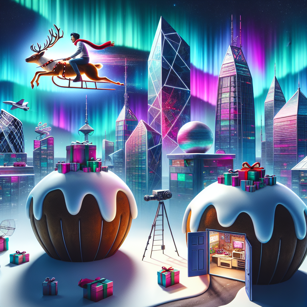 In an abstract winter setting, a South Asian man sits astride a neon reindeer, racing above a city skyline blending Media City’s architecture with futuristic gaming consoles. Below, giant Christmas puddings double as festive huts, with doors opening to reveal TV cameras and Christmas presents. The Northern Lights dance overhead, illuminating the sky with the message 'Happy Holidays and a Happy 2024 from all of us at King of Sunshine Productions'.
Generated with these themes: South Asian man, Computer games , Media City, Salford, Christmas pudding , TV cameras , and Christmas presents .
Made with ❤️ by AI.