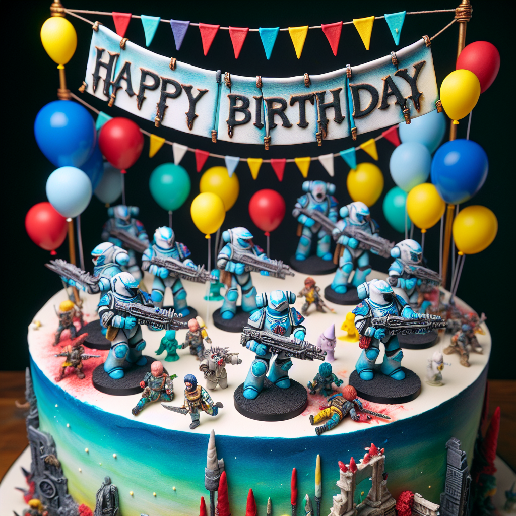 Imagine a delightful mashup of a birthday joy and a gritty ambiance of a futuristic war game. You see miniature, chibi-styled soldiers painted in blue and silver, brandishing comically small weapons amidst an array of vividly colored balloons and festive banners. Suspended above these miniature soldiers, is a banner made of icing with the words 'Happy Birthday', artistically crafted in an ancient, gothic font. The layers of the cake where this drama unfolds are adorned with miniature landscapes that echo the feel of a battle-stricken extraterrestrial planet.
Generated with these themes: Wahammer 40k, and Space marines.
Made with ❤️ by AI.