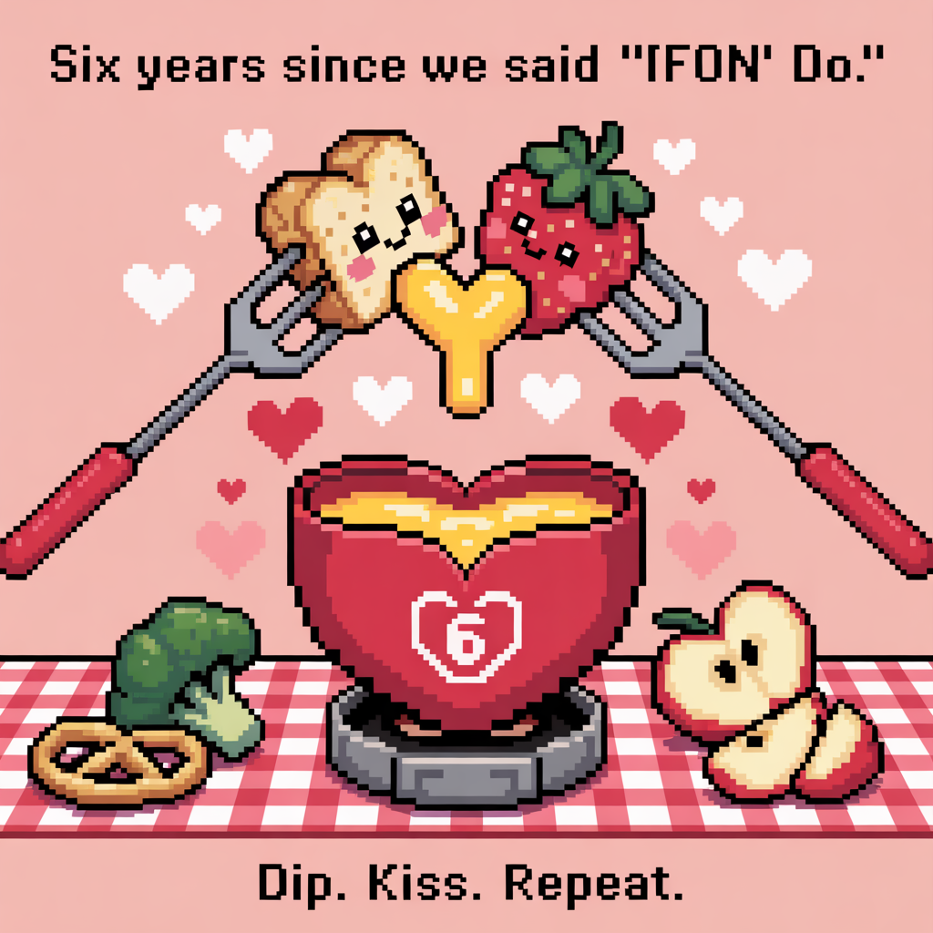 At the top of the Pixel Art Style image, "Six years since we said 'I (fon) do.'"

At the bottom of the image, "Dip. Kiss. Repeat."

Create a crisp 8-bit pixel art scene with a vibrant, limited palette and chunky square pixels:
- Center: a heart-shaped red fondue pot on a tiny pixel tealight, bubbling with glowing cheddar-yellow cheese. The cheese pull subtly loops into the shape of a “6.”
- Two crossed fondue forks form a heart silhouette above the pot. On each fork tip, a cute dippable with kawaii faces and rosy cheeks: a toasted bread cube and a strawberry, leaning in as if about to kiss over the molten cheese.
- Six tiny pixel hearts rise as steam from the pot, twinkling upward.
- Table: red-and-white checkered cloth with a few simplified dippables (pretzel bite, broccoli floret, apple slice) arranged symmetrically—kept chunky and minimal for readability.
- Background: deep indigo with gentle pixel dithering; warm cheddar glow radiates from the pot onto the characters. Add faint string lights as tiny heart-shaped pixels for a cozy, romantic vibe.
- Color palette: cheddar yellow, cherry red, cocoa brown, cream, mint green, blush pink, deep indigo—no gradients; use dithering for shading.
- Typography: large, blocky 8-bit font, centered; high-contrast white with a dark outline for the headline at the top and the punchline at the bottom, leaving clean negative space behind the text.
Generated with these themes: Fondue, and .
Made with ❤️ by AI.
