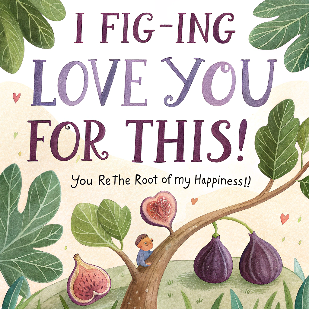 At the top of the image, in playful, hand-painted watercolor script:  
**"I Fig-ing Love You for This!"**  

At the bottom of the image, in smaller cheeky lettering:  
**"(You’re the root of my happiness!)"**  

— Illustration: A soft watercolor scene of a plump, slightly smug fig tree with lush green leaves and dangling purple figs, each with tiny smiling faces. The trunk leans casually like it’s striking a pose, and a couple of figs at the base are giving thumbs-up. Gentle pigment blooms in the leaves and fruit give a dreamy, handmade feel, with a warm wash of sunlight behind the tree.
Generated with these themes: Fig tree, and .
Made with ❤️ by AI.