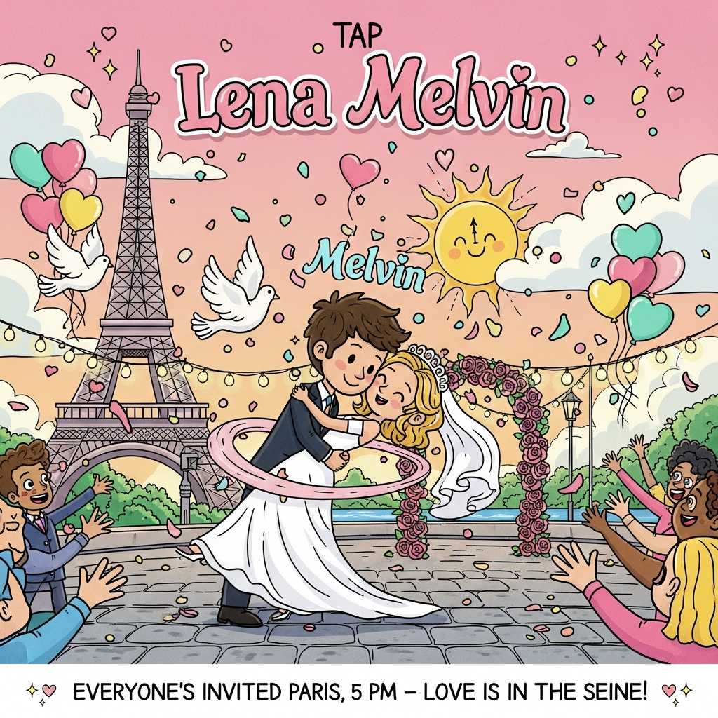 At the top of the Cartoon Style image, Lena  Melvin

A large, image-first romantic wedding scene in playful cartoon style. Center stage: a big-headed, bright-eyed cartoon couple in energetic poses—Melvin dipping Lena as her swooshy veil curls into a heart shape around them. Thick black outlines, saturated candy colors (rose pinks, sky blues, lemon yellows, mint greens), glossy highlights, and confetti hearts drifting through the air.

Setting: Paris by the Seine at golden hour. The Eiffel Tower rises in the background, outlined boldly against a cotton-candy sky. A smiling sun doubles as a clock with hands pointing to 5:00. String lights twinkle above a rose-covered arch. Cobblestones pop with bouncy perspective. Doves, heart-shaped balloons, and petals swirl with whimsical motion lines. A cheerful, diverse cartoon crowd in the background reaches out with open arms, hinting that everyone’s welcome.

Typography: The top names are hand-lettered in bubbly, oversized script with a soft blush drop shadow and clean white fill, framed by tiny sparkles and floating hearts.

At the bottom of the Cartoon Style image, Everyone's invited — Paris, 5 PM — Love is in the Seine!
Generated with these themes: Name of groom and bride , location, time ,invite all, and .
Made with ❤️ by AI.