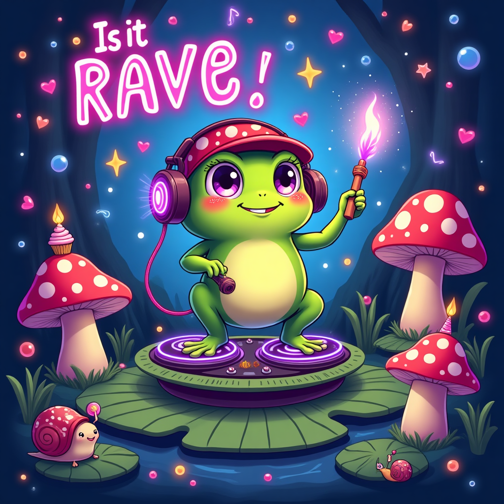 At the top of the Cartoon Style image, "Is it rave day?"

Playful, cute birthday cartoon scene in a whimsical forest rave at twilight. Center stage: a chubby lime-green frog DJ with huge sparkly eyes and rosy cheeks, wearing oversized purple headphones and a red-and-white polka-dot cap, beaming as they spin on lily-pad turntables built into a chunky toadstool DJ booth. One froggy hand is raised tossing a glowstick; the other rides a twig fader—energetic, bouncy pose.

Surround them with smiling, dancing mushrooms with stubby legs and tiny party hats, a couple of mini frogs bouncing, and a friendly snail wearing a glow necklace. Add star-shaped balloons, swirling confetti, and a tiny cupcake perched on a mushroom cap with a single glowing-candle (glowstick style) for a birthday touch. Make towering toadstools act as speakers with bioluminescent dots; fireflies and a dangling dew-drop disco ball cast colorful beams over a lily-pad dance floor shaped like a vinyl record.

Style: playful cartoon with exaggerated proportions, thick black outlines, clean bold shapes, glossy highlights; bright saturated palette (neon magenta, electric teal, sunny yellow, lime, sky blue). Add dynamic motion lines, hearts, sparkles, and floating music notes for extra whimsy.

Lighting: cozy blue-purple twilight with vibrant neon rim lights and soft colored spotlights; a hint of mist to reveal light beams.

Composition: portrait, full-bleed; frog DJ large and central, foreground mushrooms framing, fun depth and lively movement.

Render the title text in bubbly neon letters with a thick white outline and soft glow; keep it as one short line. No other text.
Generated with these themes: Frog , Mushroom , Dj, and .
Made with ❤️ by AI.