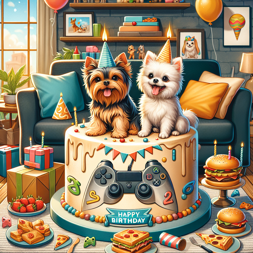 Create a whimsical birthday illustration featuring a heartwarming scene where two Yorkies and a Pomeranian, each adorned in tiny party hats, are gleefully perched atop a monumental, game controller-shaped birthday cake. These adorable dogs are surrounded by iconic gaming symbols and tantalizing food items, such as pizza slices and burgers, signifying the wife's love for gaming and culinary delights. Set against a backdrop that illustrates a comfortable living room environment – a gamer's paradise, with a warm and inviting ambiance that encapsulates the true spirit of celebration.
Generated with these themes: Yorkies, Pomeranian , Dogs, Wife, Gaming, and Food.
Made with ❤️ by AI.