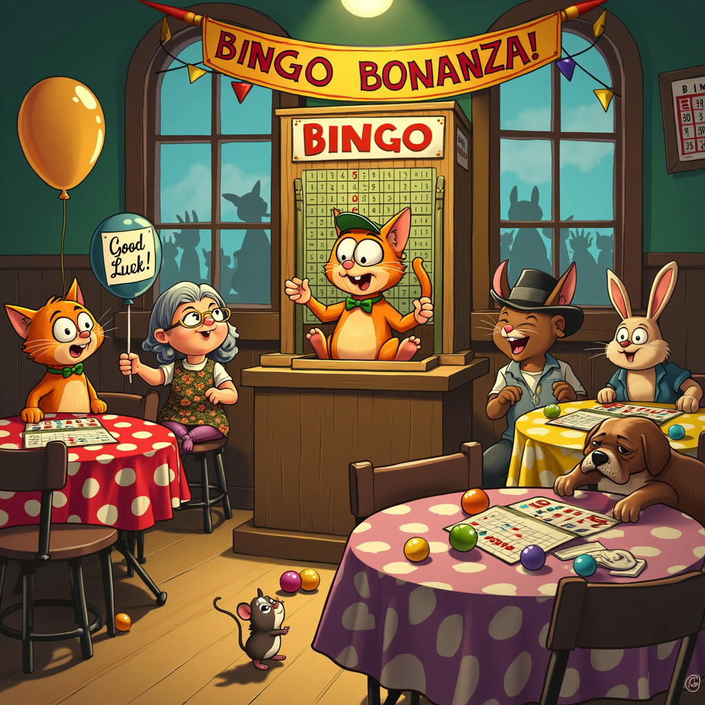 The scene is set in a cozy, whimsical bingo hall, its walls adorned with colorful posters and vintage bingo cards pinned haphazardly. The room is filled with round tables covered with bright, checkered tablecloths, and at the center of the action is a large, wooden bingo cage with multicolored balls inside, perched on a raised stage. 

Our main character is an endearing, slightly chubby orange tabby cat named Bingo, wearing a tiny green visor and a white collar with a bow tie, reminiscent of a classic bingo caller. Bingo is energetically spinning the cage, and his wide eyes are gleaming with mischief and warmth. Next to him, an elderly lady with a blue-rinse perm and a floral dress holds up a bingo card triumphantly, her mouth open in a joyous cheer, signifying her winning moment.

Seated around the tables are a motley crew of anthropomorphic animals, reminiscent of Schulz's charming simplicity and Watterson's expressive faces. There’s a dapper squirrel in a waistcoat, a bunny with glasses diligently marking her bingo card, and a sleepy old dog with droopy ears slumped over his card, lost in a daydream.

In the foreground, a large, colorful banner hangs above the stage, emblazoned with the words "Farewell Bingo Bonanza!" in bold, cheerful letters. A little mouse wearing a tiny vest and bow tie is holding a balloon that says "Good Luck!" in festive, curly script.

At the bottom of the scene, near the edge of the stage, a small cluster of empty bingo balls has spilled out of the cage, rolling towards the foreground. One of them has a small, playful kitten batting at it, adding a touch of lively chaos.

The backdrop of the bingo hall features tall windows with evening light streaming through, casting a warm, golden glow across the scene. Outside, you can faintly see silhouettes of other cats, dogs, and woodland creatures waving, giving a sense of community and togetherness.

Overall, the scene is bustling with life, humor, and a sense of affectionate farewell, blending the quirky character-driven storytelling of Watterson, the charm of Schulz’s Peanuts, and the whimsical details of Hergé’s Tintin.
Generated with these themes: Cat, and Bingo.
Made with ❤️ by AI.