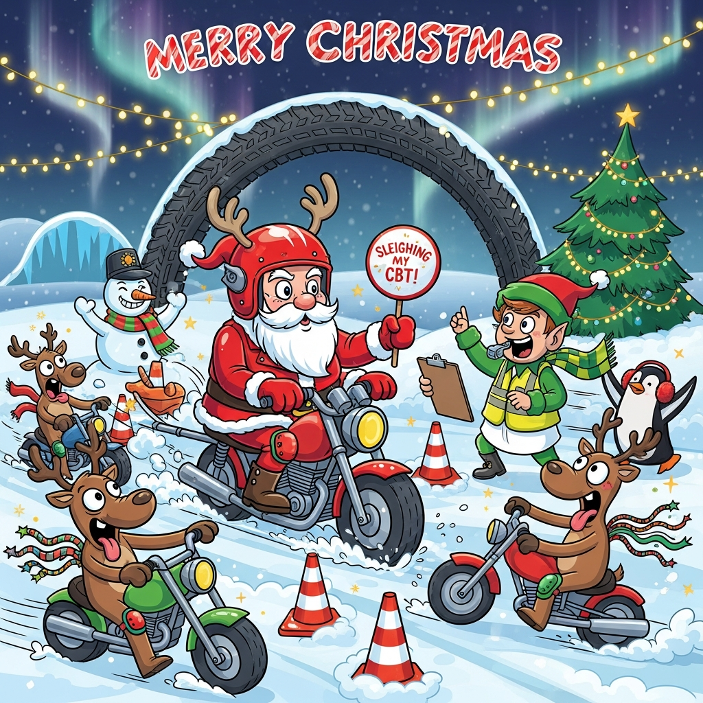 At the top of the Cartoon Style image, Merry Christmas 

Vertical, full-bleed, funny Christmas scene in bold Cartoon Style: playful characters with exaggerated proportions, thick outlines, bright saturated colors, whimsical, energetic poses. Snowy motorcycle training lot at the North Pole. Santa in a glossy red biker jacket and oversized helmet with antlers leans a chunky cartoon motorbike fitted with sleigh runners, carving through candy-cane traffic cones, spraying glittery snow poofs and motion lines. An elf instructor in a neon hi-vis vest and big clipboard blows a whistle and holds a round lollipop sign that reads “Sleighing my CBT!” (small, cheeky caption; keep this as the only extra text). Goofy reindeer trainees wobble on mini-bikes with tinsel streamers and jingle-bell knee pads, eyes wide, tongues out, comedic chaos. A snowman marshal waves a checkered scarf; a penguin in earmuffs cheers. A tire-track Christmas tree arcs in the background beneath shimmering northern lights and twinkly fairy lights. Joyful expressions, rosy cheeks, dynamic poses. Palette: candy red, holly green, icy teal, snowy white, golden sparkles. Hand-lettered candy-cane style headline at the top with a chunky outline; no other words in the scene besides the small sign. Bright, crisp, festive, high-energy.
Generated with these themes: Motorcycle training happy Christmas , and .
Made with ❤️ by AI.