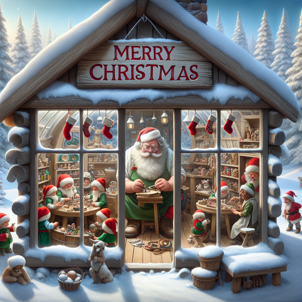 In a heartwarming Christmas scene, a cozy Santa's workshop takes center stage, with Santa and elves busily preparing toys. Outside the workshop windows, 11 stockings are strung across snow-dusted pine trees. The background reveals a serene winter wonderland, and the festive phrase 'Merry Christmas' is lovingly inscribed on the workshop's wooden sign.
Generated with these themes: 11 stockings/elves/santa/winter wonderland/presents/ santas workshop.
Made with ❤️ by AI.
