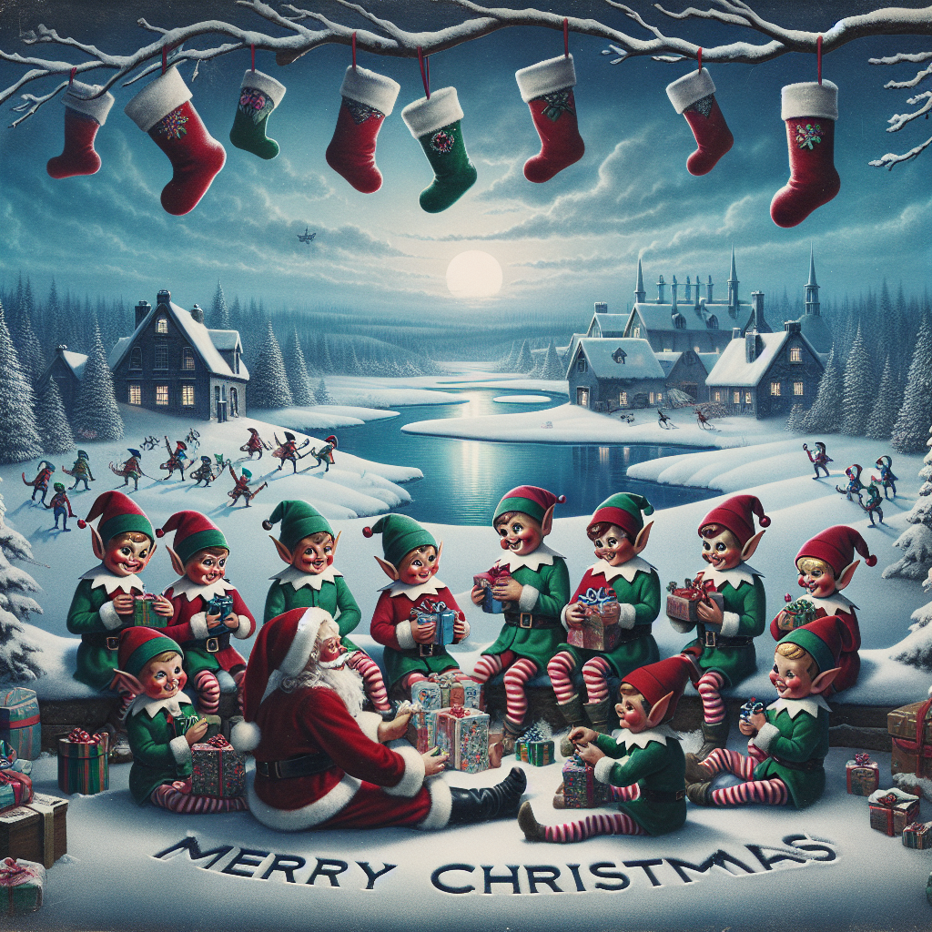 A festive Christmas illustration portrays Santa and 11 elves merrily exchanging gifts beside a frozen pond in a winter wonderland. Above them, 11 stockings adorn an overhanging branch. In the distance, the silhouette of Santa's workshop sits against a twilight sky, with 'Merry Christmas' written in the snowdrifts at the forefront of the scene.
Generated with these themes: 11 stockings/elves/santa/winter wonderland/presents/ santas workshop.
Made with ❤️ by AI.