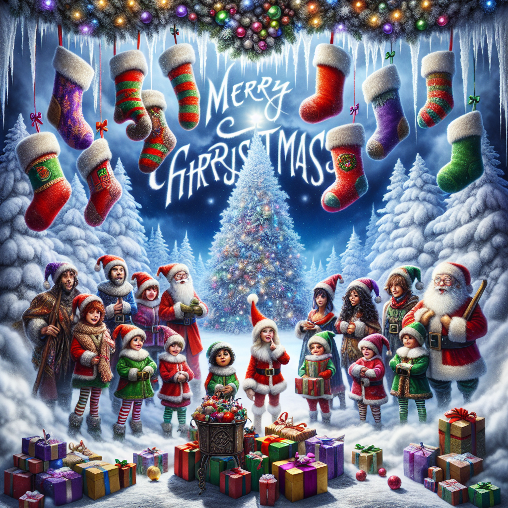 A whimsical Christmas illustration displays a snowy winter wonderland where 11 colorful stockings hang on a frosted tree. Playful elves and a beaming Santa gather around a pile of wrapped presents, overlooked by a charmingly decorated Santa's workshop. Above, the words 'Merry Christmas' are etched in the sky with a font that mimics soft snowfall.
Generated with these themes: 11 stockings/elves/santa/winter wonderland/presents/ santas workshop.
Made with ❤️ by AI.