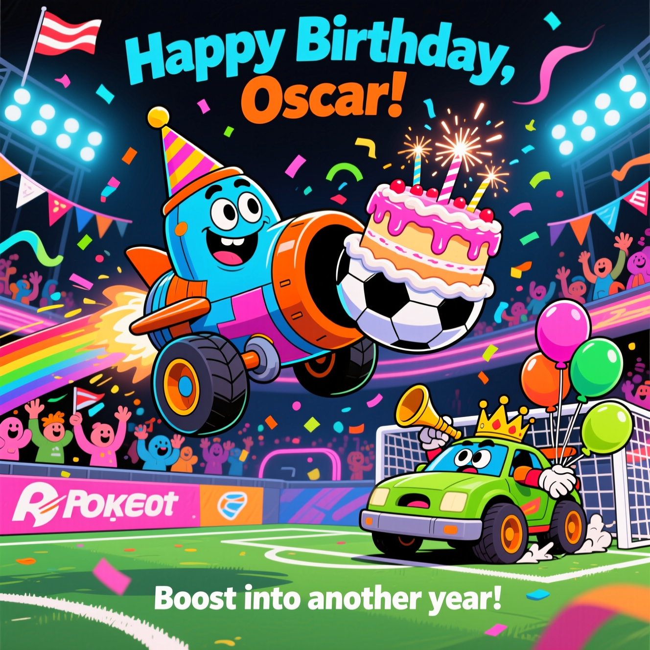 At the top of the Cartoon Style image, "Happy Birthday, Oscar!"

Cartoon Style, funny Rocket League-inspired arena: a chunky, anthropomorphic rocket car with oversized wheels, a party hat, and a goofy grin barrel-rolls midair to aerial a giant soccer-ball birthday cake with dripping icing and sparklers; rainbow confetti and streamers burst from its turbo boost. In goal, a panicked goalie car wearing a paper crown skids sideways, blowing a party horn, trying to save as balloons bob off its spoiler. Neon stadium lights, roaring blob-like fans waving pennants, dynamic speed lines, wide-angle perspective, thick black outlines, bright saturated colors (electric blue, hot orange, neon pink, lime), glossy highlights, bold cel shading, playful energy. No real-world logos. On a small pitch-side banner near the bottom, add the single extra line of text: "Boost into another year!"
Generated with these themes: Rocket league , and .
Made with ❤️ by AI.