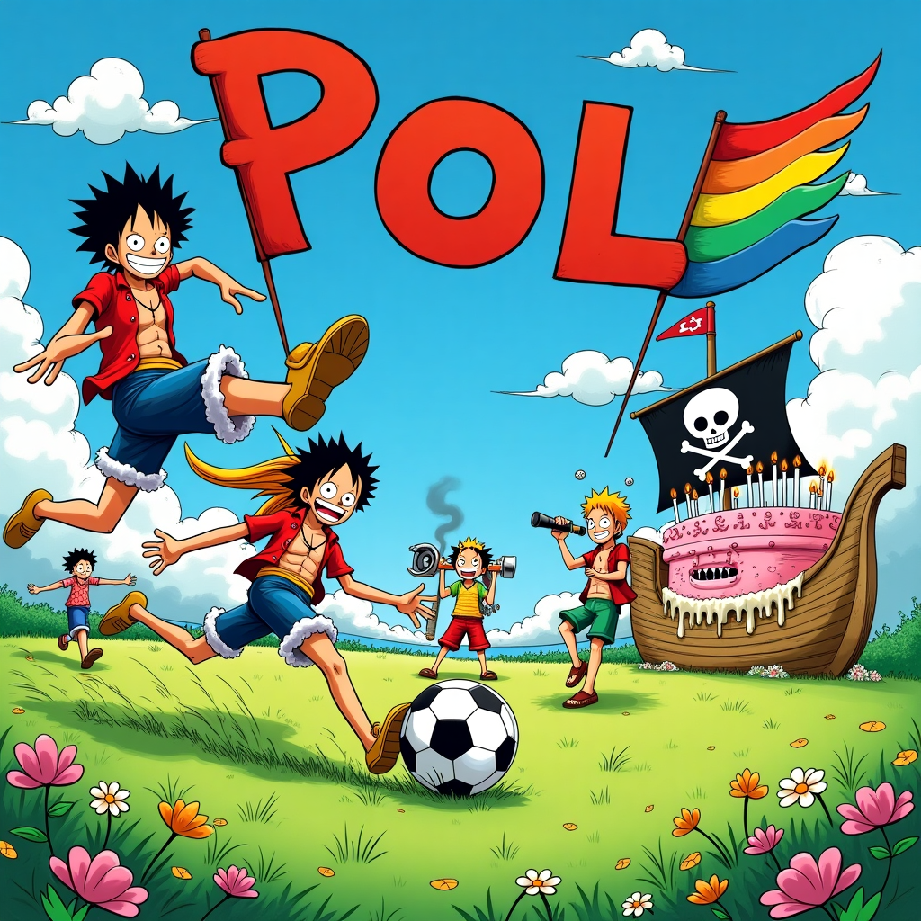 The front cover of the greeting card bursts with vibrant colors and dynamic action, capturing a whimsical and lively birthday scene. At the center, One Piece anime characters are humorously depicted with exaggerated cartoonish features playing an enthusiastic game of soccer. Luffy, with an oversized stretchy grin and elastic limbs, attempts a high-flying kick towards the soccer ball, which amusingly sports the face of Chopper, the reindeer doctor. Zoro, depicted with bulging muscles and a perplexed expression, seems to be accidentally kicking the grass instead of the ball, his three swords comically sticking out at odd angles from his belt.

In the background, Nami can be seen leaping high into the air to head the ball, her orange hair trailing behind her like a fiery comet. Usopp, with an elongated Pinocchio-like nose, clutches a telescope to get a better view of the action. Sanji stands to the side, his iconic curly eyebrows exaggerated and twirling, as he kicks up a storm of dust with his stylish footwork.

The sky above them is a clear azure, dotted with fluffy, cartoonish white clouds. A bold, rainbow-colored banner stretches across the sky, playfully flapping in the breeze with the text "POL" emblazoned in chunky, block letters. Below, the soccer field is a lush, exaggeratedly green meadow with flowers dotting the landscape. A gigantic, overly-decorated birthday cake stands on the sidelines, complete with sparklers and a plethora of candles. The frosting drips colorfully down its sides, forming abstract shapes reminiscent of classic manga panels.

In the far distance, a whimsical pirate ship floats on the horizon, styled like a cartoonish blend of a galleon and a toy boat, with a giant smiling Jolly Roger flag waving cheerfully. The whole scene is encased within a bold, black ink outline, giving it a comic-strip vibe, while the characters and elements are rendered in a playful mix of rich, saturated hues that leap off the page.
Generated with these themes: one piece anime characters playing soccer.
Made with ❤️ by AI.