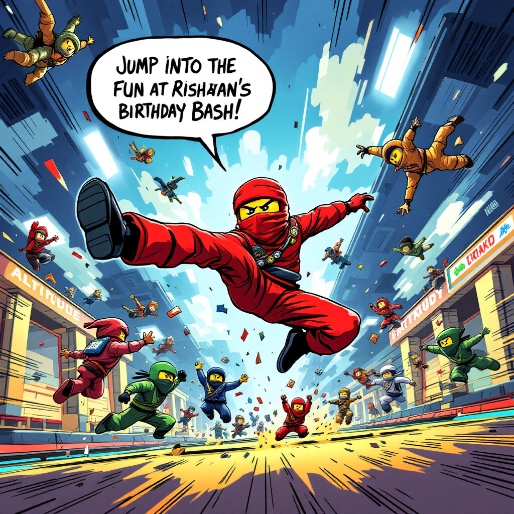 In this bustling and whimsical cartoon scene, we find ourselves inside a vibrant, oversized comic panel teeming with activity and bursting with color. The backdrop is the energetic Altitude Skokie trampoline park, brought to life with exaggerated, playful lines and filled with bouncing figures in every corner. Front and center is Rishaan, our birthday star, decked out in a vivid red Ninjago outfit, complete with a mask and mischievous grin. He’s executing an epic Taekwondo kick mid-air, his movement frozen in a dynamic arc. His leap is accentuated by a speech bubble overhead exclaiming, "Jump into the Fun at Rishaan's Birthday Bash!"

Surrounding Rishaan are his friends, each wearing a mix of ninja gear and Taekwondo uniforms, depicting a thrilling ninja training session with trampoline acrobatics. One friend, dressed as a green Ninjago character, is flipping joyfully with arms outstretched, while another, in a blue Taekwondo gi, is hilariously attempting to execute a martial arts move but is humorously tangled in mid-air. Below, a small crowd of enthusiastic, cartoonish spectators cheer them on with large, expressive eyes and exaggerated expressions, their mouths agape in delight.

In the background, a giant birthday cake, whimsically crafted in the shape of a Ninjago helmet, stands tall with a clock face indicating October 20th at 11:30 am, emphasizing the time of the celebration. Balloons float in the air, with some bearing messages like "Happy Birthday, Rishaan!" and "RSVP by October 15th," ensuring the invitation details are cleverly incorporated into the lively chaos of the scene. The whole composition is framed with dynamic action lines, drawing the viewer's eye toward the animated frenzy of birthday excitement, while the vibrant palette of primary colors keeps the energy buoyant and joyful.
Generated with these themes: Ninjago, Taekwondo, Trampoline, Rishaan's Birthday, October 20th 11.30 am, Altitude Skokie, and RSVP by October 15th.
Made with ❤️ by AI.