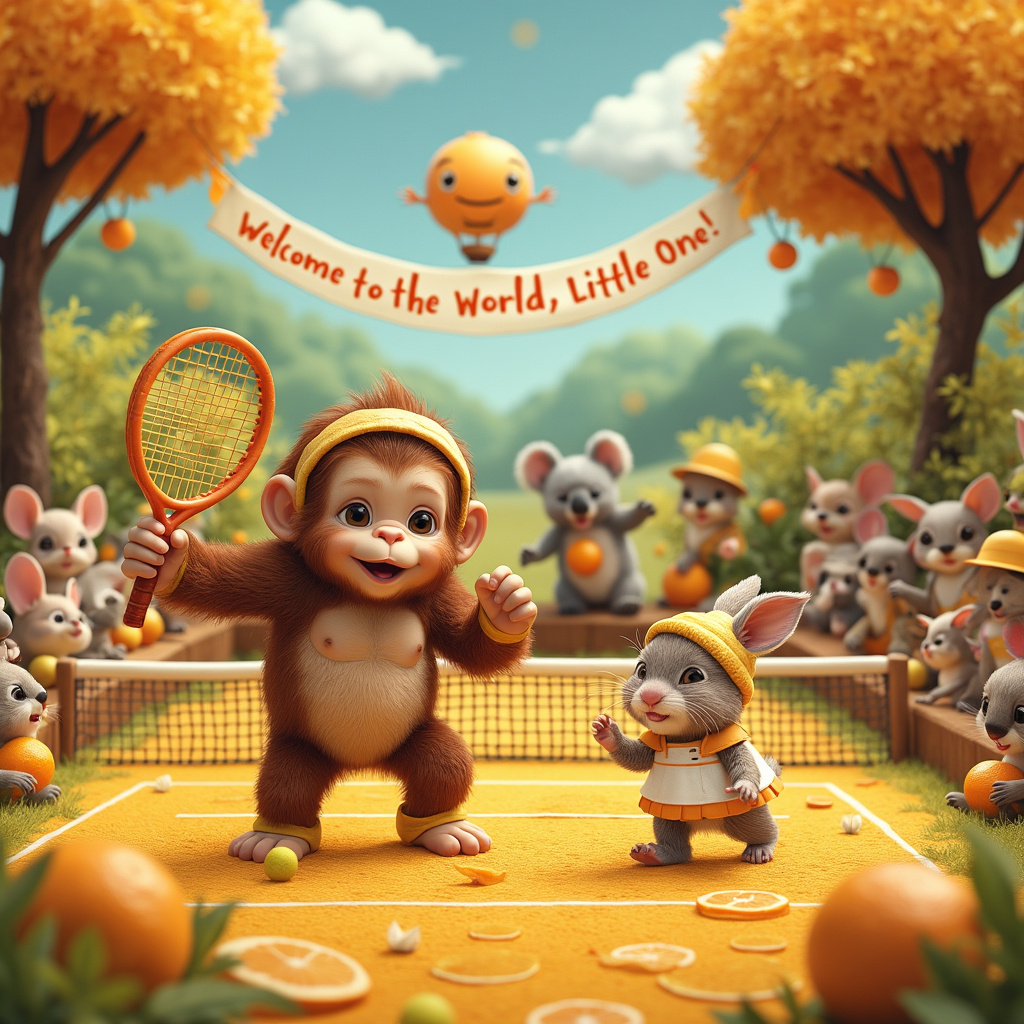 Tennis, oranges, bananas, croissants New-baby Card