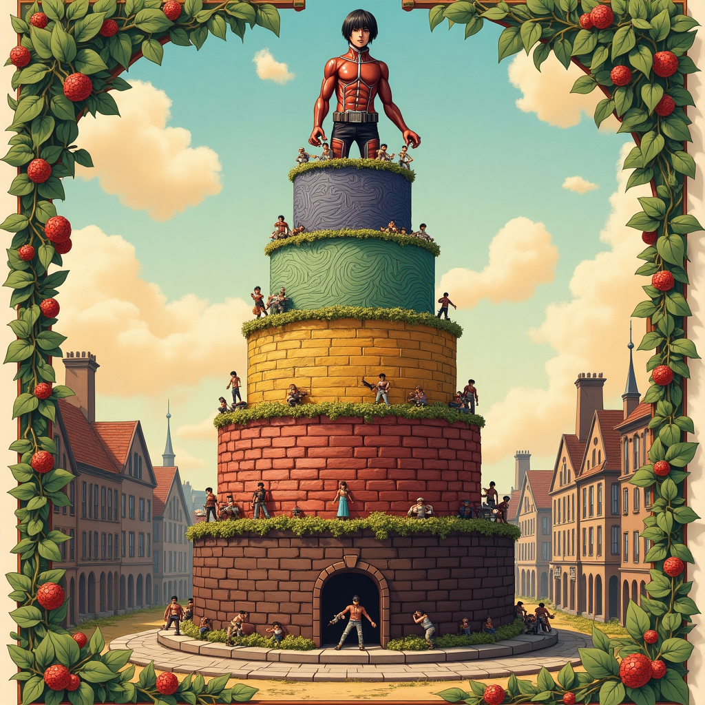 Front and center, a towering birthday cake mimics the colossal presence of the titans from "Attack on Titan". The cake itself stands with a formidable height of five tiers, each representing the different walls from the series. The base tier, a sturdy wall of chocolate, is detailed with intricate brickwork, reminiscent of medieval fortifications. Just above, the second tier glistens with a smooth fondant resembling a gleaming, golden sunset, contrasting with the dark base.

The third tier, a delightful pistachio green, is adorned with swirling patterns that mimic the lush forests, tiny hand-drawn trees and leaves populating the surface like a miniature landscape. On the fourth tier, the sky shifts to a twilight purple, with edible silver stars sprinkled across to echo the vastness of the night sky in a fairytale fashion.

Atop this magnificent structure, the final tier hosts a fondant rendition of the Attack Titan. Detailed with sugar-sculpted muscles and an intense, determined gaze, the titan reaches forward, hands extending as if to break free from the cake's constraints. His hair, a swirl of dark chocolate, cascades down, while his eyes, made of shimmering blue sugar, catch the light, giving them a lifelike glint.

Surrounding the base of the cake are small, hand-painted fondant figurines of the Survey Corps members, each depicted in mid-action, brandishing their miniature 3D Maneuver Gear. Each character is rendered with distinct detail, their uniforms marked with the iconic wings of freedom symbol.

The background of the card, inspired by Beardsley and Rackham, displays an intricately detailed ink illustration of a village, its narrow streets and quaint houses etched in fine lines. These buildings, rendered in a sepia tone, seem to lean in towards the cake, creating a cozy yet grand scene. Overhead, a sky painted with pastel watercolors transitions from day to night, peppered with delicate clouds that echo Sendak's whimsical charm.

In the corners of the card, flourishing, Art Nouveau-style vines, inspired by Beardsley, curl and twist, drawing the viewer's eye towards the cake, encapsulating the celebration within a frame of organic elegance.
Generated with these themes: Attack on titan birthday cake .
Made with ❤️ by AI.