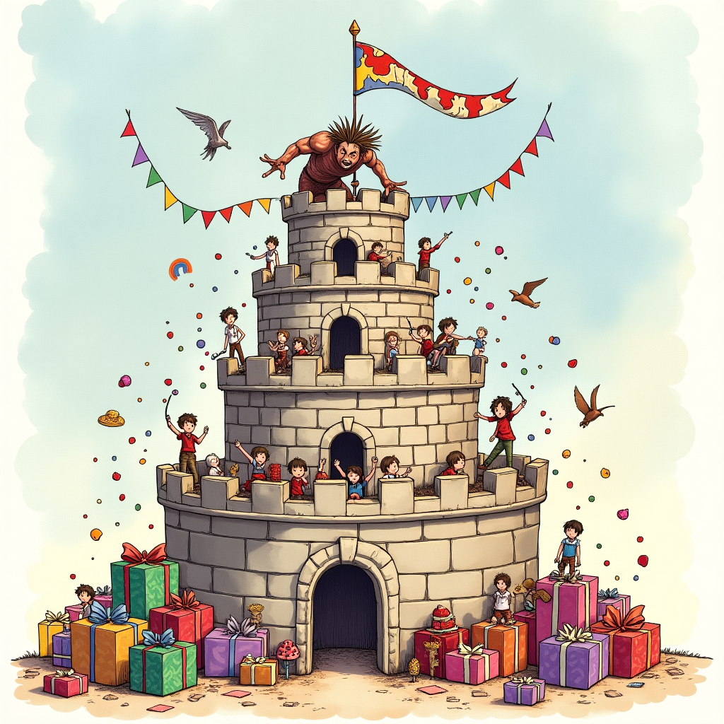 The front cover of this greeting card features a whimsical, hand-drawn scene that harmoniously combines the grandeur of "Attack on Titan" with the playful charm of a birthday celebration. 

In the center of the illustration stands a colossal, intricately detailed birthday cake that mimics the appearance of the iconic walls from "Attack on Titan." The cake is composed of three towering tiers, each resembling a stone fortress, complete with tiny windows and gates. The colors of the cake are a harmonious blend of earthy grays and browns, with subtle shading to highlight the texture of the 'stone' surface. 

Perched on top of the cake, a miniature hand-drawn Eren Yeager, in his Titan form, is posed dynamically as if about to leap into action. His detailed features, including the wild hair and piercing eyes, are captured with expressive black ink lines reminiscent of Aubrey Beardsley's style. Eren's titan skin is rendered in a mix of fleshy tones, contrasting with the cake's stone-like appearance.

Surrounding the cake, a plethora of tiny human figures, in detailed yet whimsical attire reminiscent of Norman Rockwell’s scenes, are engaged in various festive activities. Some are scaling the cake tiers with ropes and ladders, while others are perched on the windows, throwing colorful confetti into the air. Their clothes are brightly colored in cheerful reds, blues, and yellows, adding a lively touch to the composition.

The background is a subtle watercolor wash of soft pastel blues and purples, echoing a serene sky. Above the cake, suspended from the invisible ceiling of the scene, are bunting flags in a spectrum of rainbow colors, swaying as if caught in a gentle breeze. The flags feature tiny hand-drawn elements inspired by the series, such as wings and swords, subtly nodding to the show's motifs.

In the foreground, scattered on the ground are an array of detailed presents wrapped in decorative paper with intricate patterns that recall Edward Gorey's detailed linework. These presents are in vibrant colors: emerald greens, royal purples, and bright pinks, each topped with elaborate bows.

The scene is framed with a delicate border of twining vines and leaves, reminiscent of Arthur Rackham's style, adding an elegant touch to the card. The overall composition combines fantastical elements with a touch of humor, encapsulating the grandeur of a Titan-themed birthday celebration in an artistic, detailed illustration.
Generated with these themes: Attack on titan birthday cake .
Made with ❤️ by AI.