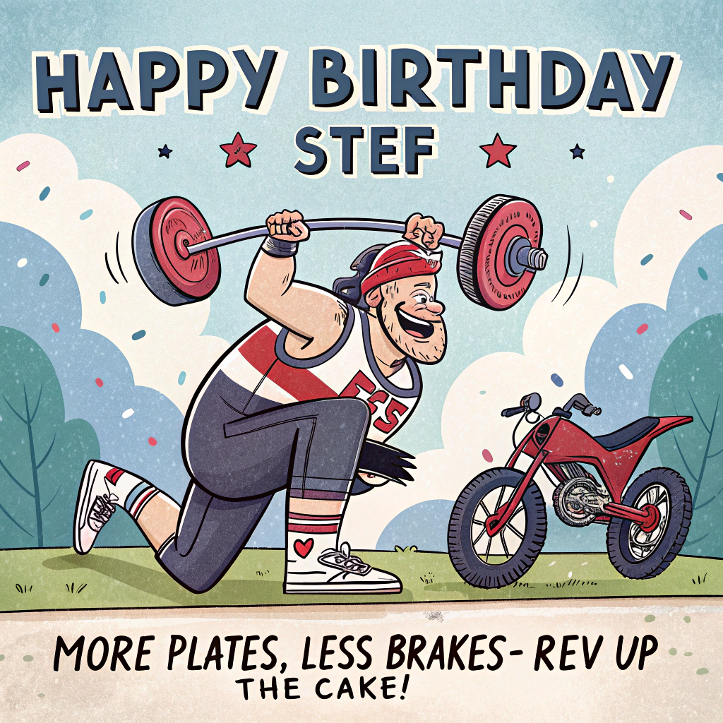 At the top of the Cartoon Style image, "HAPPY BIRTHDAY STEF"

At the bottom of the image, "More plates, less brakes—rev up the cake!"

- In the center, depict a playful, high-energy gym scene: a cartoon athlete with exaggerated proportions and a huge grin squatting a cherry-red motorbike balanced across their shoulders like a barbell. Knees bent, elbows flared, and wild, whimsical strain lines radiate as they lift.
- Style: thick black outlines, bright saturated colors (cherry red, electric blue, neon yellow, punchy purple), bold shadows, and lively motion/speed lines for extra oomph.
- Surroundings: a squat rack in loud purple; weight plates with tire-tread patterns; kettlebells wearing tiny biker helmets; a stack of tires decorated like a birthday cake with glowing candles; confetti bursts and star-shaped sparkles popping around.
- The motorbike is clean and brandless, with shiny chrome, playful flame decals, and a puff of exhaust shaped like a tiny star.
- Typography: the top headline is chunky, hand-lettered, arched slightly; the punchline sits on a wavy ribbon shaped like a road with a dashed center line, both with bold outlines and a subtle drop shadow for pop.
- Overall vibe: whimsical, energetic poses, dynamic composition, and a cheeky, celebratory mood.
Generated with these themes: Gym, motorbike , and .
Made with ❤️ by AI.