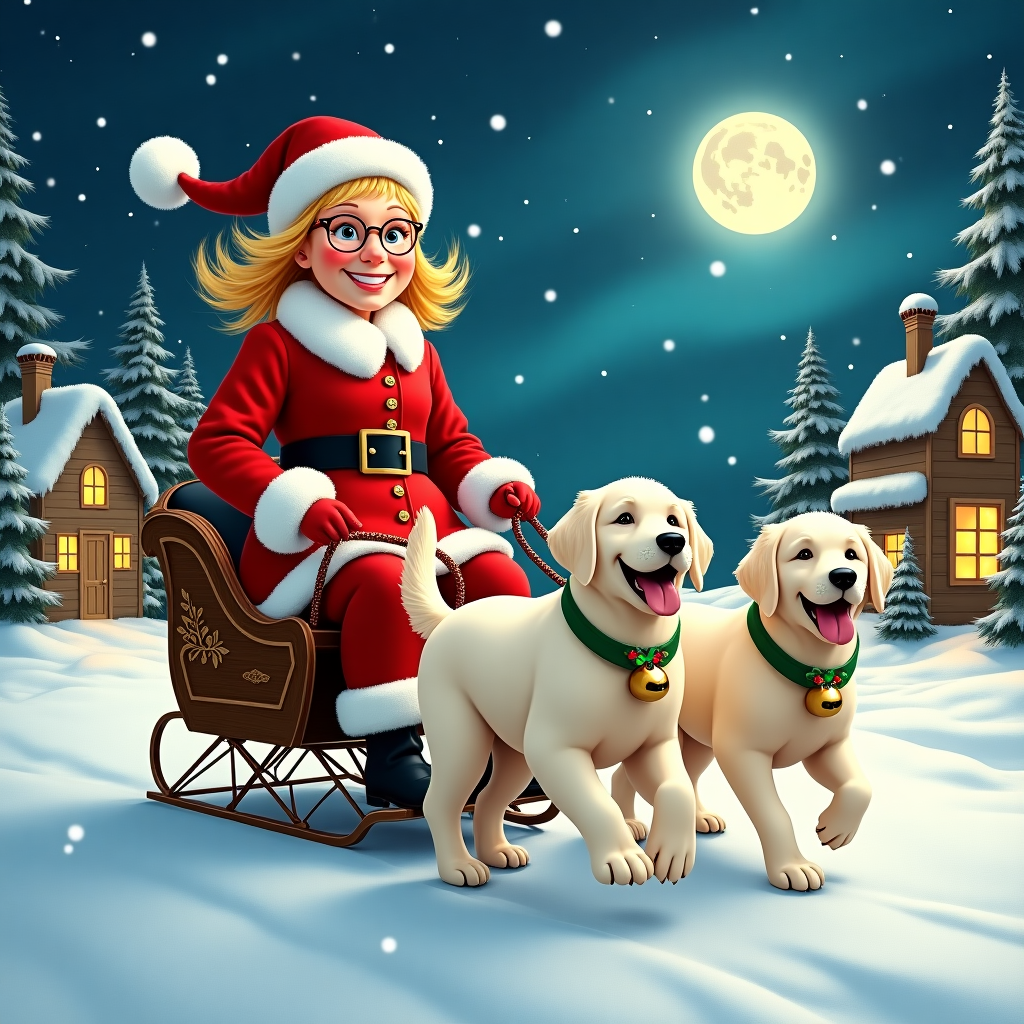 In this whimsical Christmas card scene, a vivacious 70-year-old blonde woman is the star, exuding strength and jolliness without a pair of glasses to obscure her gleaming eyes. Her golden hair peeks out from beneath a classic Santa hat, which sits snugly atop her head, complete with fluffy white trim and a pompom. She's outfitted in a traditional Santa suit, the vivid red velvet of her coat and pants contrasting sharply against the snowy backdrop, and cinched at the waist with a black belt featuring a shiny gold buckle.

She rides atop a sleek, polished wooden sleigh, lacquered to a gleaming finish and adorned with festive holly designs along the sides. This sleigh, a vision of holiday cheer, glides effortlessly over a snow-blanketed field, the snowflakes gently dusting its path. The sleigh is harnessed to two energetic white golden retriever dogs, whose coats shimmer with the fresh powder of snow, their tails wagging with infectious enthusiasm. Each dog sports a festive green collar embellished with tiny jingling bells that tinkle merrily as they pull the sleigh.

The background of the scene reveals a quaint, snow-draped village, complete with tiny cottages, their windows aglow with warm, inviting light, suggesting a cozy holiday gathering within. Pine trees stand tall, their branches heavy with snow, and above, the night sky is a tapestry of twinkling stars with the faint aurora of northern lights, adding a magical element to this Christmas journey. The full moon hangs low, casting a silvery glow over the entire scene, as if spotlighting the joyous adventure of the Santa-suited lady and her delightful canine companions.
Generated with these themes: 70 year old strong blonde woman, without glasses, dressed in santa suit, riding a sleigh pulled by 2 white golden retriever dogs.
Made with ❤️ by AI.