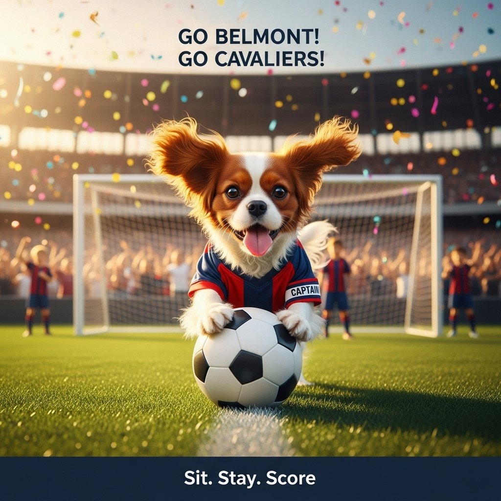 At the top of the Photorealistic picture taken from a camera image, "Go Belmont! Go Cavaliers!"

Ultra-high-definition 4K UHD, lifelike, realistic photograph in vertical portrait orientation: a Blenheim (chestnut-and-white) Cavalier King Charles Spaniel as a soccer star on a sunlit pitch. Low field-level angle, center-framed pup with one fluffy paw planted on a regulation soccer ball, tongue out, eyes sparkling, silky ears flying mid-run. The dog wears a tiny navy-and-scarlet soccer jersey and a captain’s armband—no logos or trademarks. Behind, a goal net and blurred stadium stands packed with cheering fans; celebratory confetti drifting through warm golden-hour light; fresh grass clippings flicking up. Razor-sharp fur and stitched-leather ball textures; rich depth of field with creamy bokeh on the crowd. Natural, accurate lighting with gentle rim light on the ears; clean, punchy colors. Shot specs: Canon EOS R5, 85mm lens, f/1.8, 1/2000s, ISO 200, daylight white balance. Compose with generous sky/negative space to accommodate the headline. At the bottom of the image, a small, playful caption in clean sans-serif: "Sit. Stay. Score!"
Generated with these themes: Cavalier King Charles Spaniel, Soccer, and .
Made with ❤️ by AI.