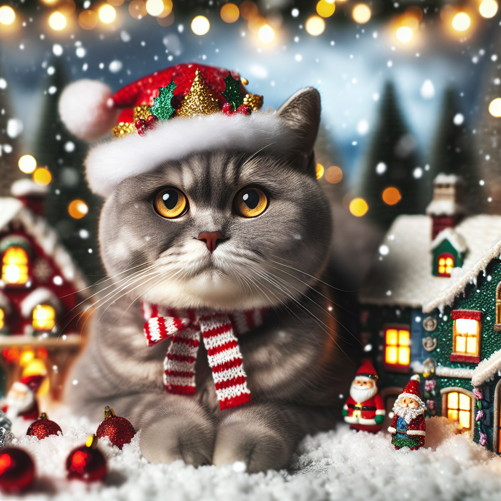 In the scene, snowflakes softly descend upon a whimsical Christmas village adorned with twinkling lights and festive decorations. At the center of this yuletide tableau, a slender adult British Shorthair cat with a sleek grey coat and mesmerizing yellow eyes stands out. It wears a tiny Santa hat perched jauntily atop its head, and a red and white striped scarf is draped around its neck, adding to the holiday cheer.
.
Made with ❤️ by AI.
