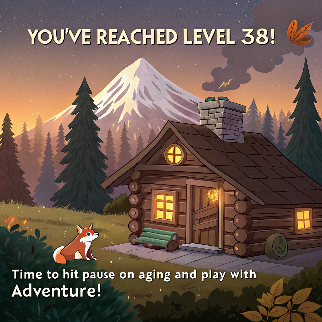 At the top of the image, "You've reached level 38!":

  At the bottom of the image, "Time to hit 'pause' on aging and 'play' with adventure!"

- In the center of the image, illustrate a whimsical scene of a cozy log cabin nestled in the forest at the base of a majestic mountain. A warm, inviting glow emanates from the cabin's windows, suggesting a crackling fireplace inside. Outside, a charming fox, with a cheeky expression, sits playfully on a stack of logs, surrounded by a sprinkling of autumn leaves. The backdrop is a stunning mountain range, under a twilight sky filled with twinkling stars.
Generated with these themes: Forest, mountain, cozy, fireplace, cabin, fox, and .
Made with ❤️ by AI.