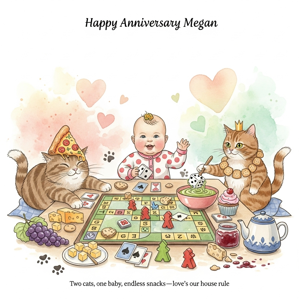 At the top of the Watercolor Style image, Happy Anniversary Megan

Full-bleed, portrait watercolor with airy, soft washes and natural paper grain. A cozy living-room floor scene set for “date night in”: a chubby-cheeked baby in a polka-dot onesie sits between two mischievous cats at a low table covered in a whimsical, generic board game—colorful tiles, cards, wooden meeples, and a couple of dice. One cat sprawls dramatically across the board like a furry “final boss,” a pizza slice perched on its head like a crown; the other cat bats a die straight into a bowl of avocado dip while eyeing a cupcake. The baby proudly clutches an oversized game token and wears a garland of crackers like a sash. Around them: playful snacks—grapes, cheese cubes, cupcakes, and a teapot—painted with soft, translucent glazes. Little paw prints, a toppled meeple, and a smudge of jam add gentle chaos and humor.

Background: delicate warm peach-to-mint gradient with subtle pigment blooms forming abstract hearts; plenty of negative space near the top for the title. Gentle golden side-light creates luminous edges and soft shadows. Use wet-on-wet for the background, drybrush for whiskers and fur, and light splatter for crumbs/confetti. Minimal outlines, soft edges, and organic textures for an airy feel.

At the bottom in small, cheeky brush lettering on a pale watercolor swash: “Two cats, one baby, endless snacks—love’s our house rule.”
Generated with these themes: Baby, cats, food, board games, and .
Made with ❤️ by AI.