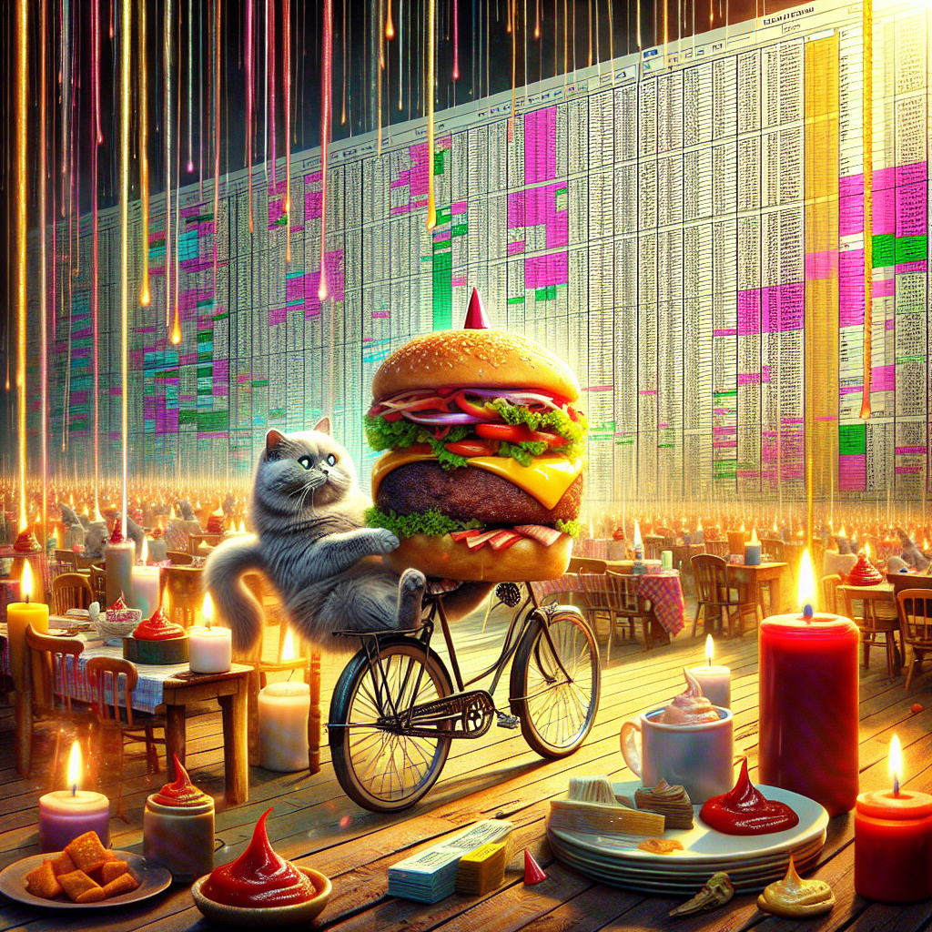 Picture a setting that blurs the boundaries between the tangible and the imaginary. In the center of the image is a cat, who has been brought to life in a vivid display of animation, effortlessly maneuvering a vintage bicycle complete with a quaint, appropriately sized helmet atop its furry head. The context is a lively birthday celebration, teeming with talking spreadsheets for attendees. The rows and columns of these sheets are softly burning, pulsating with radiating light and bursting with fluctuating data. Conventional party decorations are replaced by strands of ketchup hanging from tree limbs, with the slow drips landing on an immense, appetizing burger that takes the place of the traditional birthday cake. Despite the unconventional components, the scene feels oddly harmonious.
Generated with these themes: Cat riding bike wearing helmet, Ketchup, Birthday party, Cycling, Spreadsheets, and Burger.
Made with ❤️ by AI.
