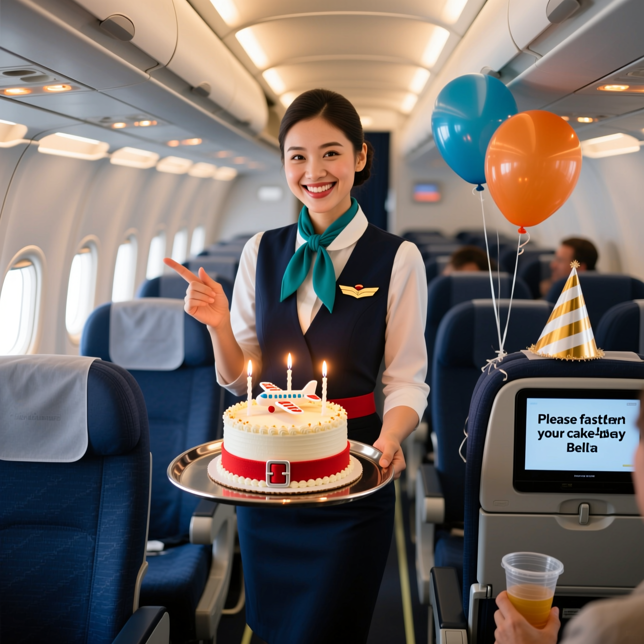 At the top of the Photorealistic picture taken from a camera image, Happy Birthday Bella

Ultra-high-definition 4K UHD, photorealistic vertical photograph inside a modern, unbranded commercial aircraft cabin in flight. A smiling female cabin crew member stands centered in the aisle, presenting a small round birthday cake on a polished metal service tray. The cake has a tiny sugar airplane on top and a red fondant seat belt buckled across it; battery-powered LED candles give a warm flicker. She gestures to the “cake-belt” like a safety demo, with a playful raised eyebrow. Soft daylight spills through oval windows on the left, mixing with warm overhead cabin LEDs; accurate lighting, natural skin tones, lifelike fabric textures (navy uniform, crisp white blouse, teal neck scarf), and realistic reflections on the tray and icing. Rows of navy seats frame the aisle; balloons are tied to a headrest, gently bobbing. A passenger’s hand with a plastic cup peeks into the foreground, and a paper party hat rests on a nearby headrest. Shallow depth of field isolates the crew member and cake, with seats and passengers softly blurred; fine detail on icing gloss, crumb texture, and uniform weave. Shot on a full-frame camera, 35mm lens, f/2.8, ISO 400, 1/200s, clean natural color grade, rich depth of field, no logos or branding. On a nearby seat-back screen, display the single cheeky line: Please fasten your cake-belts. Only these two texts appear in the image.
Generated with these themes: Aircraft cabin, female cabin crew presenting a birthday cake, and .
Made with ❤️ by AI.