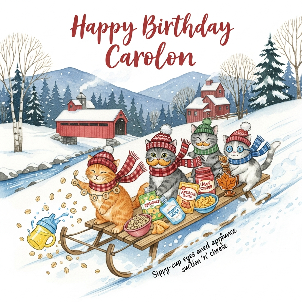 At the top of the Watercolor Style image, Happy Birthday Carolyn

A whimsical, airy watercolor winter scene set in Vermont: three fluffy cats in cozy flannel scarves and knit beanies ride a wooden sled down a snowy hill, kicking up soft specks of watercolor snow. The sled is piled with toddler snacks—oat O’s scattering like confetti, a bright sippy cup tumbling with a splash of translucent color, applesauce pouches, yogurt drops, and a tiny suction-bottom mac ’n’ cheese bowl wobbling. One orange tabby bats at a string of O’s like a garland; a gray kitty sports an applesauce “mustache”; a calico leans forward, clutching a miniature maple syrup bottle like a trophy. Nearby, a little “snowcat” has oat O’s for eyes and a sippy-cup lid as a hat.

In the background, a classic red covered bridge spans a frosty brook, a maple sugarhouse puffs pale steam into the crisp sky, and birch and spruce trees frame blue-gray mountains. Gentle flakes drift through the scene.

Watercolor style notes: soft wet-on-wet washes, delicate gradients, subtle pigment blooms around the snow edges, light splatter for snowfall, visible cold-press paper texture, minimal outlines, dry-brushed whiskers and flannel patterns, airy negative space for sparkle in the snow. Cozy winter palette: icy blues, spruce greens, slate grays, maple-amber highlights, and cranberry reds.

Text styling:
- “Happy Birthday Carolyn” in hand-lettered, brushy watercolor script at the top, deep cranberry with slight edge bleeds, softly integrated with the falling snow.
- Add one small, playful caption along the sled’s curved track near the bottom in slate blue brush script: “Sippy-cup slalom!”
Generated with these themes: Cats, Toddler food, Winter, Vermont, and .
Made with ❤️ by AI.