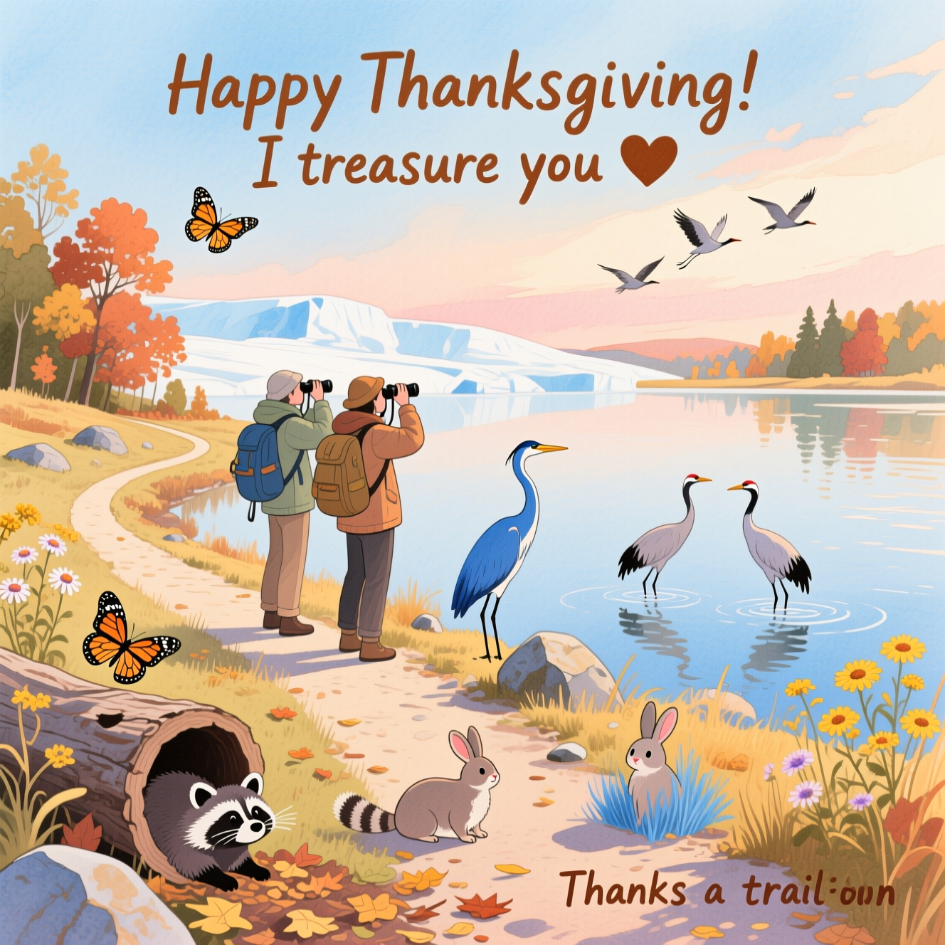 Hiking on the ice age national scenic trail, birdwatching, monarch butterflies, blue herons, sandhill cranes, raccoons, opossums, eastern cottontail rabbits, and Thank-you Card