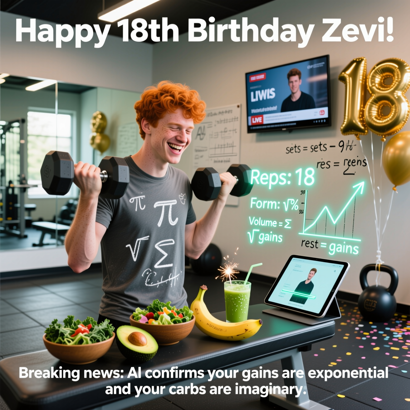 At the top of the Photorealistic picture taken from a camera image, "Happy 18th Birthday Zevi"

At the bottom of the image, "Breaking news: AI confirms your gains are exponential and your carbs are imaginary."

Ultra-high-definition 4K UHD photograph, real-camera look, shallow depth of field. A sunlit modern gym interior with rubber flooring and a mirror wall. Center frame: a ginger-haired young adult (vibrant copper hair, light freckles) mid-rep, laughing while curling a dumbbell; wearing a charcoal athletic tee lightly dusted with chalky math scribbles (π symbol, √, Σ). On a nearby bench: a bowl of kale salad, avocado halves, a banana, and a cold green smoothie beaded with condensation. A sleek tablet on a stand projects an AI coach overlay beside them—floating neon-style elements reading “Reps: 18,” “Form: 98%,” and an upward Σ-gains graph—casting a faint glow. On the wall, a whiteboard with hand-drawn workout math: “sets = √9,” “Volume = ∑ reps,” an exponential curve, and “rest = 60 s.” In the background, a wall-mounted TV plays a generic LIVE NEWS segment with a subtle ticker about fitness and AI (no real brands). Birthday touches: metallic gold “18” balloons tied to a kettlebell, light confetti on the floor, a tiny sparkler in a fruit cup. Accurate, natural lighting with soft window highlights, lifelike textures (metal knurling, fabric weave, sweat sheen, leafy greens), crisp subject isolation with creamy bokeh. Bold, clean sans‑serif headline at the top and the punchline at the bottom in high-contrast white with a soft drop shadow for legibility.
Generated with these themes: Gym, healthy food, AI, news, maths , Ginger hair, and .
Made with ❤️ by AI.