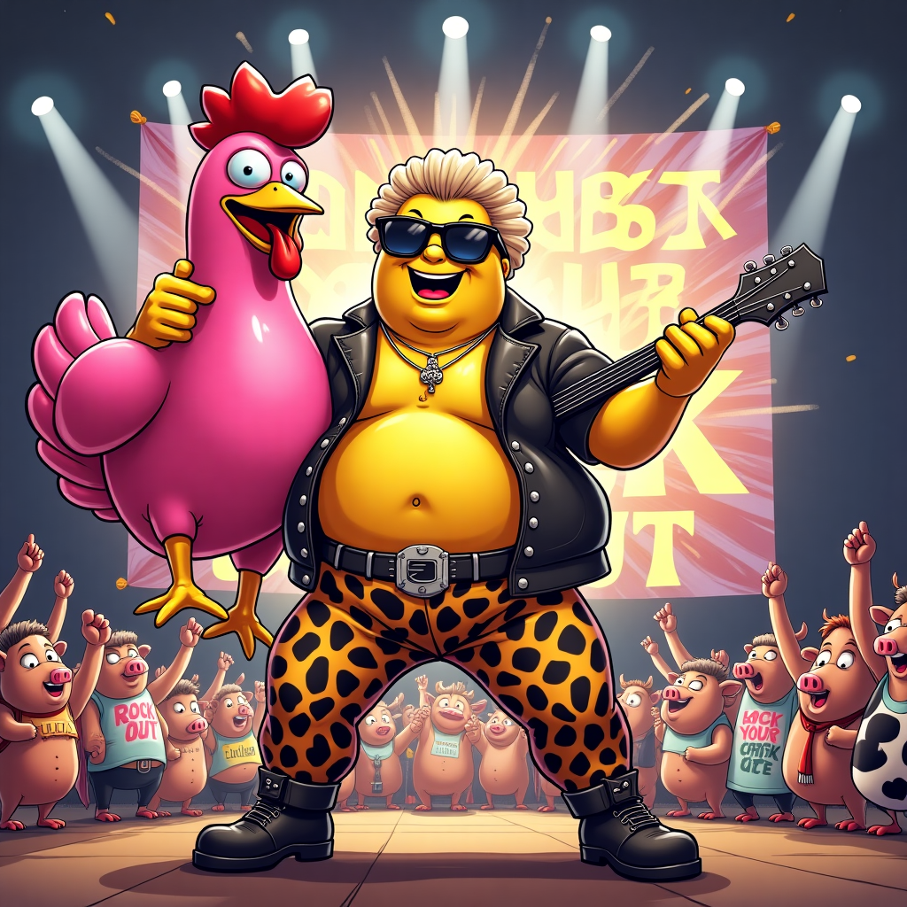 **Image Prompt:**

A cartoon-style image of a chubby, bald, doughnut-loving character who *clearly* resembles a certain yellow TV dad (without directly naming him), dressed in a wild 80s rockstar outfit—tight leopard-print pants, studded belt, big hair wig, and oversized sunglasses. He's rocking out on stage, striking a ridiculous power pose with a bright pink inflatable chicken (yes, an actual rubber chicken) held like a guitar. Spotlights and fireworks explode behind him, while a crowd of excited cartoon animals (cows, pigs, ducks, etc.) wave foam fingers and wear band tees that say "COCKSTOCK 2024."  

In the background, a giant banner reads: “ROCK OUT WITH YOUR CHICKEN OUT!”  

Tone: Zany, cheeky, and over-the-top funny—perfect for a birthday bash energy!
Generated with these themes: Homer simpson "rock out with your cock out".
Made with ❤️ by AI.