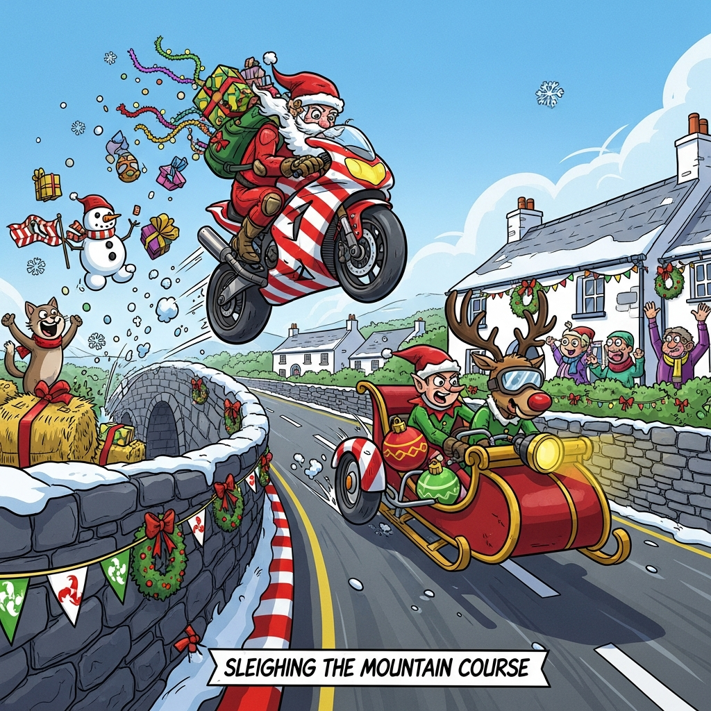 At the top of the Cartoon Style image, Merry Christmas!

A funny, high-energy Cartoon Style Christmas scene on the Isle of Man TT Mountain Course: Santa in over-the-top red racing leathers, big jolly beard bursting from his helmet, launches a candy-cane–striped superbike off a snow-dusted humpback stone bridge (Ballaugh Bridge vibe), mid-air with twinkling fairy lights and tinsel streaming behind. An elf-and-reindeer sidecar rig shaped like a sleigh leans wildly through the jump beside him; the reindeer wears goggles with a glowing red nose headlamp, the elf clutches giant baubles like pit-stop tools. Spectators (including a couple of tail-less Manx cats in scarves) cheer from stone walls festooned with wreaths and fairy lights. Whitewashed cottages, hedgerows, wrapped hay bales, and bunting featuring the Manx three legs symbol decorate the route; candy-cane striped curb paint pops against the icy tarmac. Snowflakes swirl like confetti, gift boxes tumble comically from Santa’s pack, and a snowman marshal waves a candy-cane flag. Exaggerated proportions, chunky black outlines, bright saturated reds/greens/golds and icy blues, dynamic speed lines, playful cel shading, and a low-angle, wide-lens perspective to amp up the motion.

Add a small, cheeky text line on a roadside banner at the bottom: Sleighing the Mountain Course!
Generated with these themes: Isle of Man Tourist Trophy , Motorbikes, and .
Made with ❤️ by AI.