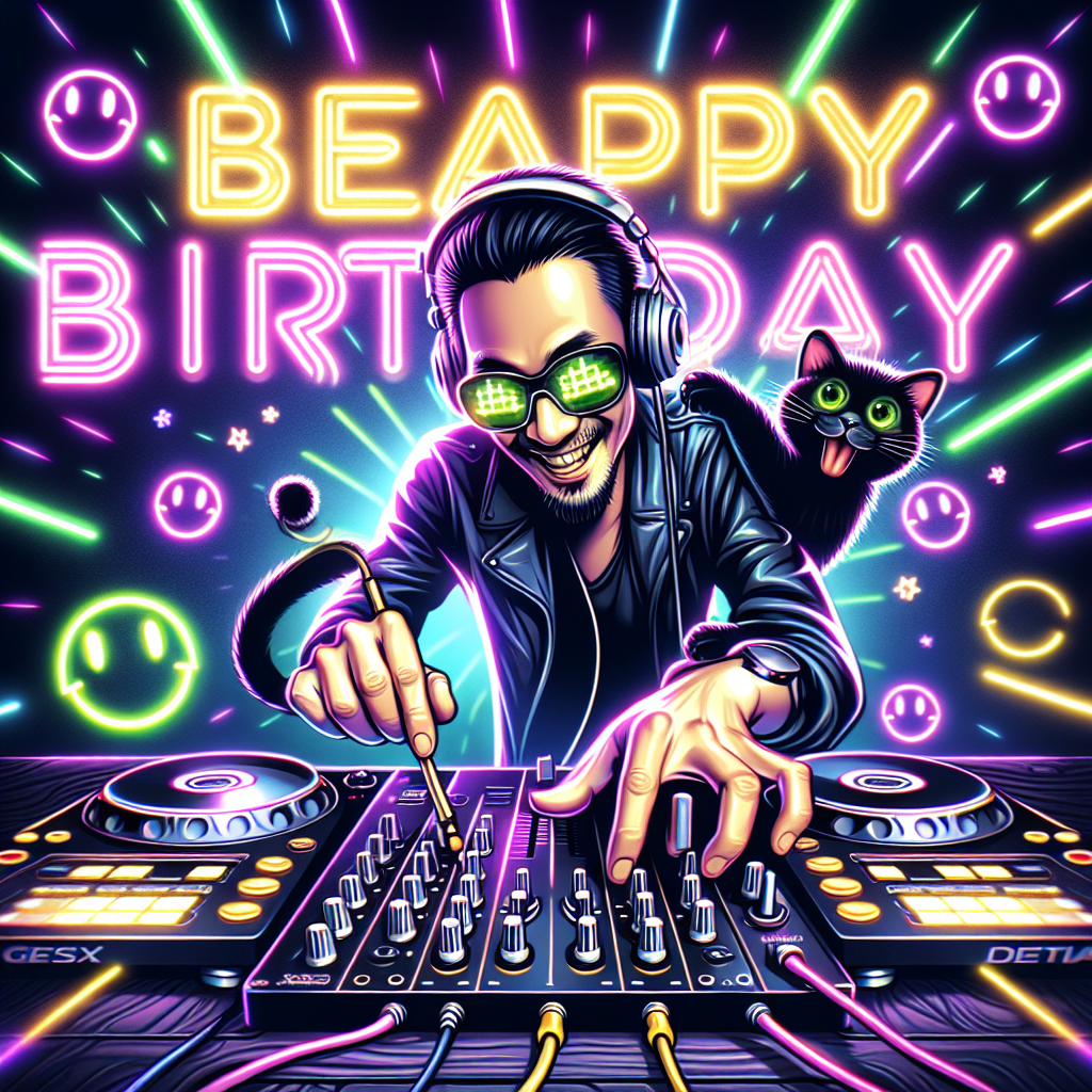 DJing, smiley acid faces, and a black cat, and DJ and DJ controller with acid music smiley faces in the background and a black cat Birthday Card