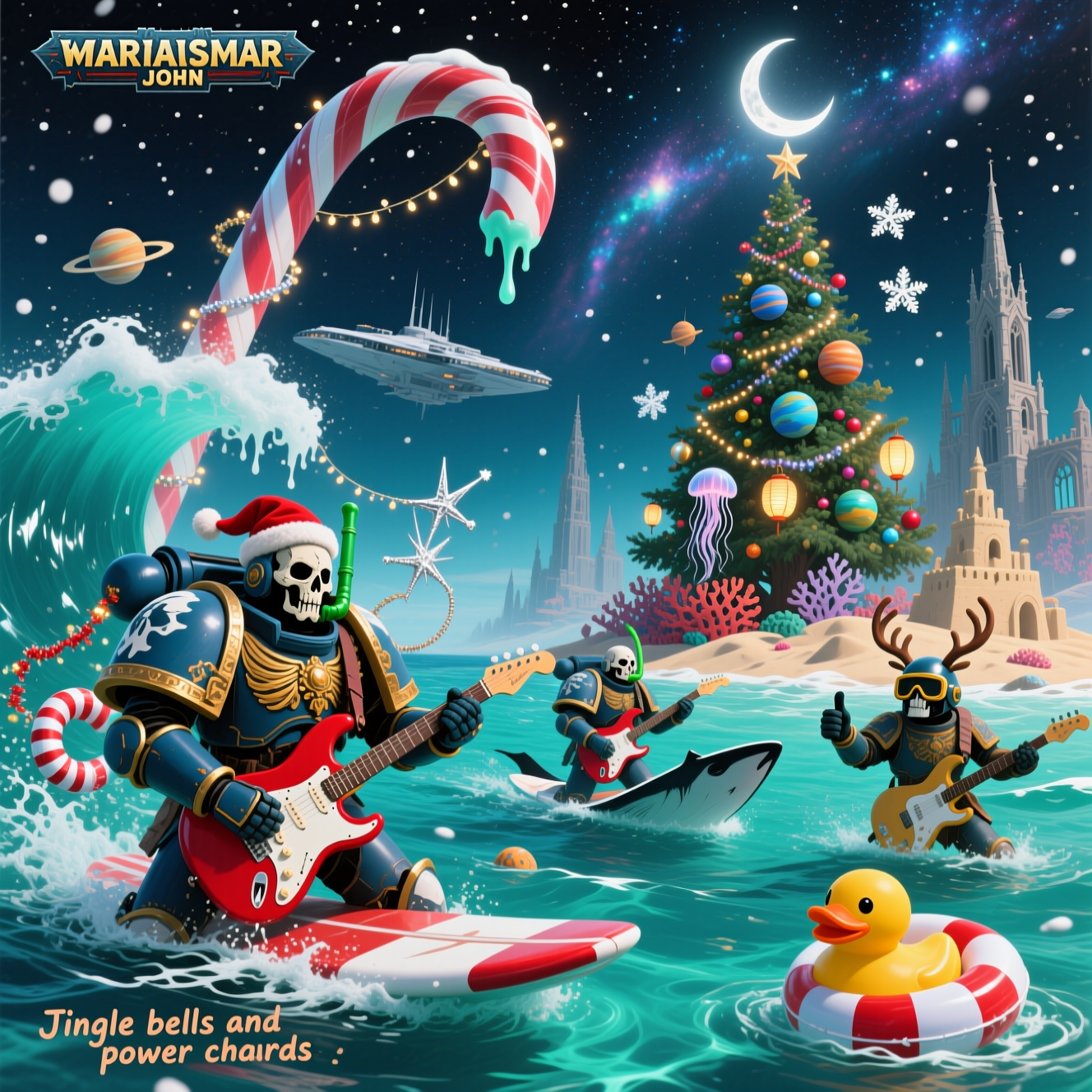 Space marines, warhammer, sea swimming, guitar , and Christmas Card