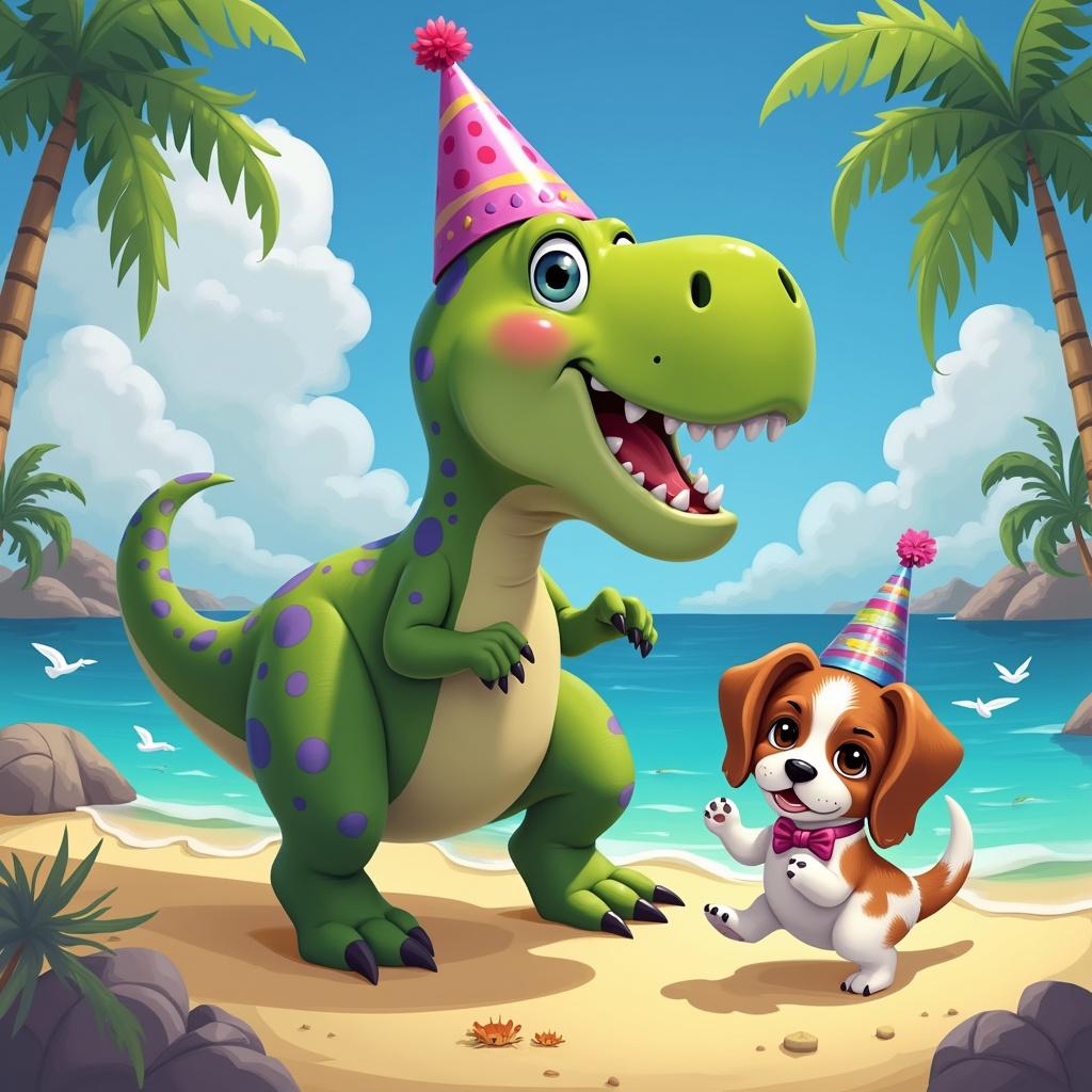 On a tropical island scene, the sky shines a bright blue with sunny weather, dotted with white fluffy clouds and soaring seagulls. The beach is a picturesque stretch of golden sand, where small crabs scuttle along the shore and palm trees laden with coconuts sway gently in the breeze. Just a short distance away, the ocean displays its alluring turquoise waters, revealing a few sting rays gliding gracefully near the shallow shoreline.

In this delightful setting, the main characters come to life: a large but non-threatening T-Rex, vibrant green with purple polka dots, boasts big friendly eyes and a wide, cheerful grin. This jovial dinosaur, donning a birthday hat and holding a colorful party balloon, is seen dancing with sand kicking up around it and its tail swishing joyfully. Accompanying the T-Rex is a small Cavalier King Charles Spaniel, characterized by its chestnut and white fur, floppy ears, and curious eyes. The little pup jumps excitedly, with its paws in mid-air and ears flapping, while sporting a tiny bowtie and a party horn in its mouth.

Adding to the festive atmosphere, a small sting ray, light grey with spots and wearing a party hat, waves one fin while holding a tiny present. The beach is adorned with vibrant party decorations, including colorful streamers, confetti scattered across the sand, and a cheerful banner reading “Happy Birthday!” strung between two palm trees. A multi-tiered birthday cake, decorated with candles and brightly colored frosting, rests on a picnic blanket, completing this lively celebration.

This whimsical gathering captures the joy of friendship and celebration, bringing a smile to anyone who witnesses it. 

Generated with these themes: Sting ray, T-rex, and Cavalier King Charles Spaniel.  
Made with ❤️ by AI.
