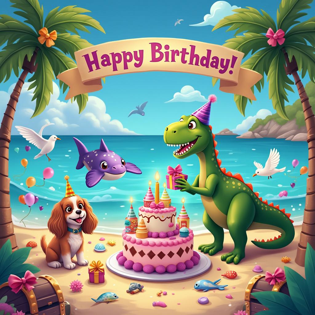 In the vibrant, whimsical world of this birthday card, we find ourselves on a fantastical tropical beach. The sky is a brilliant blue, dotted with fluffy, cotton candy-like clouds. Near the shore, an oversized, cheerful T-rex with bright green scales and a purple party hat holds a massive, colorfully wrapped gift in its tiny claws. Beside it, a friendly Cavalier King Charles Spaniel, with silky fur and large, expressive eyes, jumps excitedly while wearing a cute, tiny birthday crown. Under the gentle waves, a playful stingray, sporting a big, happy smile, glides through the crystal-clear water, adorned with colorful, festive balloons tied to its back with shimmering ribbons. On the golden sand, a table boasts an elaborate birthday cake shaped like a castle, topped with edible figurines of the t-rex, spaniel, and stingray. Surrounding the cake are an assortment of intricately designed party snacks and drinks that resemble miniature ocean creatures. Palm trees with twinkling fairy lights frame the scene, while a banner overhead reads, "Happy Birthday!" in bright, cartoonish letters. Nearby, a few seagulls, illustrated with comical expressions, perch on a large treasure chest overflowing with toy jewels and birthday trinkets. The entire scene is bustling with lively, joyous activity, capturing a moment of celebration and adventure.

Generated with these themes: Sting ray, T-rex, and Cavalier King Charles Spaniel. 
Made with ❤️ by AI. 