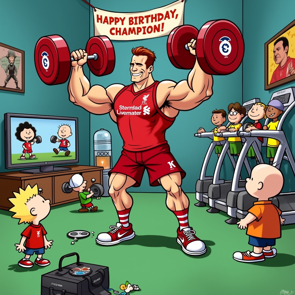 The scene unfolds in a bustling cartoon gym filled with exaggerated equipment and vibrant activity. At the center, Arnold Schwarzenegger, depicted in a playful, caricatured style reminiscent of Charles Schulz's characters, is lifting a massive dumbbell with a Liverpool FC logo on it, wearing a red jersey and grinning ear to ear. To his left, we see a young cartoon character who looks like a mashup of Calvin (from Calvin and Hobbes) and Tintin, wearing an oversized Liverpool scarf, his eyes wide in amazement.

In the background, the gym walls are decorated with oversized movie posters featuring classic Schwarzenegger films, but with humorous twists – think "Terminator" where Arnold is holding a football instead of a gun, or "Predator" with the alien playing FIFA on an Xbox. Speaking of FIFA, another corner of the gym has a group of cartoon characters huddled around a large, flat-screen TV, playing FIFA on an Xbox. The TV screen shows a match between Liverpool FC and an all-star team of cartoon characters.

Above the TV, there's a banner that reads "Happy Birthday, Champion!" in bold, colorful letters. Gary Larson's influence can be seen in the quirky background details: a water cooler with dumbbells as handles, and a treadmill with movie reels instead of a track. A few characters in the background are dressed like iconic manga characters from Osamu Tezuka’s works, lifting weights or running on treadmills, adding an extra layer of whimsy and nostalgia.

On the floor near Arnold, there’s a gym bag with a small stack of DVDs and a controller peeking out, nodding to the Xbox theme, while a curious Little Nemo-like character in a nightcap is trying to lift a tiny dumbbell, adding a dreamlike, almost surreal touch to the scene.

This scene is a vibrant, humorous collage of themes, packed with intricate details and clever nods to beloved pop culture icons, sure to delight and amuse anyone receiving the birthday card.
Generated with these themes: Liverpool fc, Arnold Schwarzenegger, Gym, Movies, FIFA, and Xbox.
Made with ❤️ by AI.