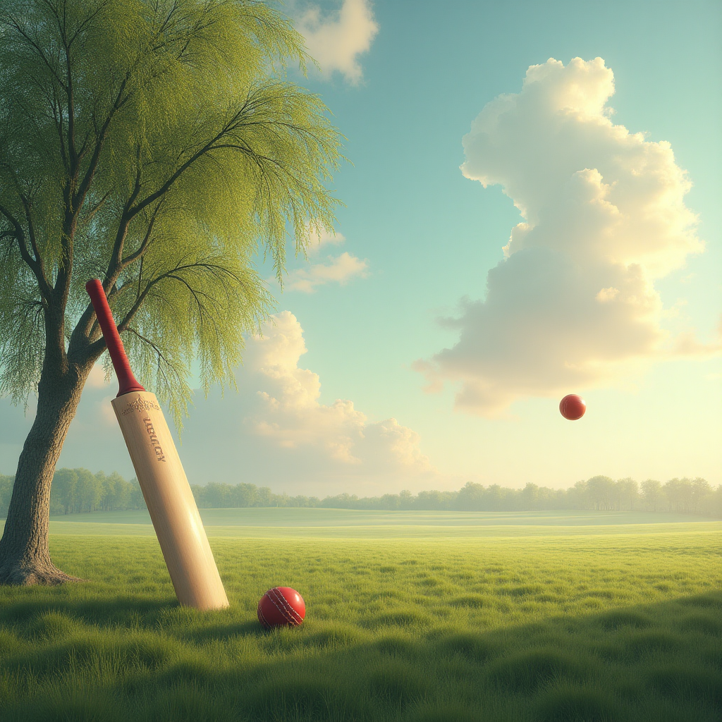 At the top of the Surreal Style image, the word "Jimmy" elegantly melts into the scene. 

Picture a vast, dreamlike landscape where a cricket field stretches infinitely into the horizon. In the foreground, an oversized cricket bat leans against a willow tree, its surface shimmering like liquid silver. The tree's leaves are ethereal, glowing faintly in an otherworldly hue.

Nearby, a cricket ball hovers mid-air, surrounded by a delicate halo of soft light, casting a gentle shadow on the ground below. The grass underfoot undulates like waves, giving the field a sense of quiet, rhythmic motion. 

Above, the sky is a kaleidoscope of pastel shades, where clouds twist and turn into whimsical shapes that resemble players in mid-action, captured in a moment of serene stillness. 

At the bottom, a small caption reads: "In the gentle swing of time, memories remain."
Generated with these themes: Cricket, , and .
Made with ❤️ by AI.