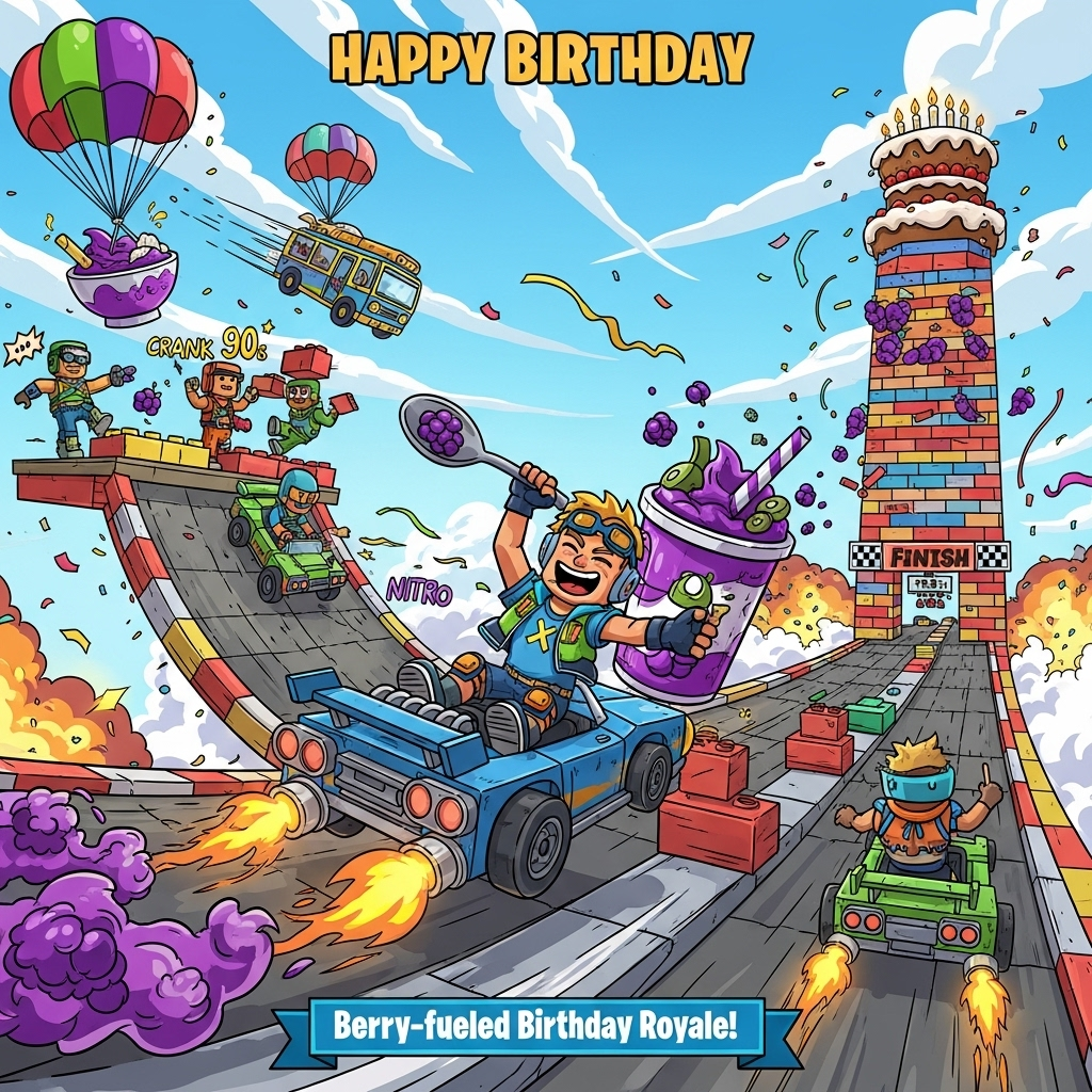 At the top of the Cartoon Style image, HAPPY BIRTHDAY

Playful cartoon scene with exaggerated proportions, thick outlines, and bright saturated colors: A chaotic Fortnite-style build-battle racetrack made from colorful LEGO-like bricks twists and ramps through the scene. Chibi racers in chunky, block-built cars drift and launch off brick ramps, spraying purple acai smoothie “nitro” flames from goofy exhausts. The main hero driver (a cheeky, over-energized avatar in a bright street-sport outfit and kneepads) waves a spoon like a lance while slurping from a giant acai cup in the cupholder, berries sparkling mid-air. In the sky, a ballooned party bus floats past as a parachute drops a huge acai bowl “supply crate.” On a nearby build platform, blocky brick pals emote-dance and hurriedly “crank 90s” out of vibrant bricks. Confetti explosions, streamers, and comic speed lines fill the air. Ahead, a towering brick-built birthday cake finish line glows with candles, frosting, and sprinkles. Big, bouncy lighting, candy-color palette, whimsical energy, thick black outlines, dynamic perspective and motion blur. Small ribbon banner at the bottom: Berry-fueled Birthday Royale!
Generated with these themes: Fortnite, Lego, Cars, Acai, and .
Made with ❤️ by AI.