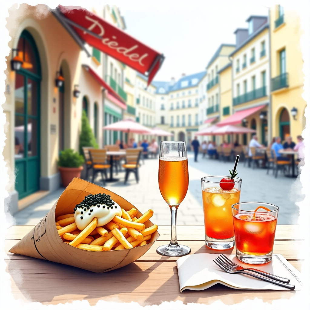 At the bottom of the Watercolor Style image, place the text: **Fiedusen**

**Prompt for Image:**

Picture a quaint scene at an outdoor Parisian café in a bustling square like Gråbrødre Torv. Delicate watercolor strokes bring to life a charming table setting. Here, amidst lively chatter, a whimsical assortment awaits: golden French fries artistically piled in a newspaper cone, a decadent dollop of mayonnaise speckled with glistening caviar, and a flute of bubbly champagne catching the afternoon sun. To the side, an Aperol Spritz and Negroni rest, their vivid hues blending into the soft backdrop. The café's sign, whimsically reading "Diedel", peeks through the scene. A gentle breeze rustles the napkins, adding a touch of animated charm. Let the whimsical watercolor wash evoke an airy, joyful celebration, perfect for a congratulations greeting.
Generated with these themes: French fries mayonaise with caviar champagne aperol spritz negroni sol restaurant bobe gråbrødre torv , Diedel, and .
Made with ❤️ by AI.