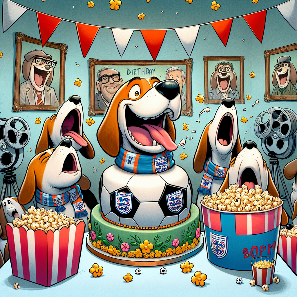 Illustrate a cartoon-style birthday party scene with a comical tone. The centerpiece of the scene is a cake designed with a soccer team's crest, surrounded by film reels and popcorn buckets as part of the decorations. Hanging on the walls are caricature posters of iconic movie scenes, but instead of people, they feature cartoon Beagles as the main stars. These Beagles, kitted out in scarves representing the same soccer team from the cake, are howling out a rendition of the birthday song in a lively and entertaining manner. This creates a unique, humorous party atmosphere.
Generated with these themes: Everton , Movies, and Beagles .
Made with ❤️ by AI.
