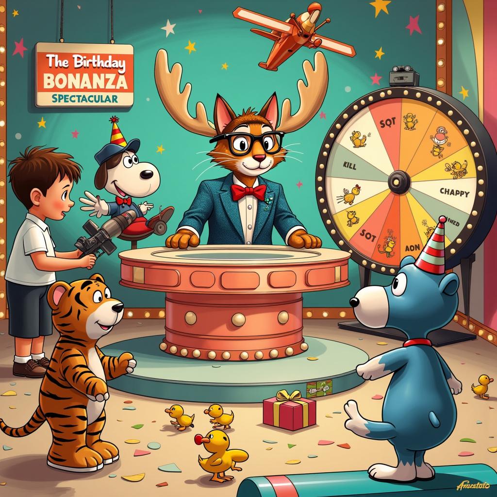 The scene unfolds in a vibrant TV studio reminiscent of a '60s cartoon, adorned with pastel-colored walls and an array of technological gadgets, complete with round buttons and flashy lights that evoke the futuristic aesthetics of Astro Boy. At the center of it all is a zany game show titled "The Birthday Bonanza Spectacular!" The charismatic host, a cat sporting oversized moose antlers and a dazzling sequined blazer, peers through horn-rimmed glasses, reminiscent of characters from Peanuts, adding a charming touch to the atmosphere. Standing behind an exaggerated, half-moon-shaped podium, the host operates a large, spinning wheel decorated with slices of birthday cake and segments representing gift boxes.

Contestants on this joyful stage consist of an eclectic mix of anthropomorphic animals, all sporting party hats and bowties, their expressions filled with exuberance. Among them, a beagle reminiscent of Snoopy, complete with an aviator cap, can be seen airborne in a mini biplane, circling the set. The studio floor is lively, covered in a flock of tiny, mischievous ducklings that resemble Donald Duck, frolicking through a cascade of confetti and streamers. Overhead, a "Happy Birthday" banner in the playful font style of "The Spirit" looms large, a nod to Eisner's artistic flair.

On the sidelines, a R. Crumb-inspired, groovy blue birthday bear leads a band of jazzy insects, each wielding instruments much like those found in "The Far Side." Meanwhile, behind the camera, a little boy with a spiky hairdo in Watterson's style captures the fun on a classic camcorder, while his stuffed tiger companion peeks from behind, humorously managing a boom microphone. Your attention is drawn to the edge of the studio, where a Tintin look-alike, inspired by Hergé, dons a detective hat and inspects a trail of crumbs leading to an oversized, festively wrapped mystery gift box, suggesting an intriguing surprise awaits.

Generated with these themes: Wearing moose antlers, and Being in a TV studio.  
Made with ❤️ by AI.