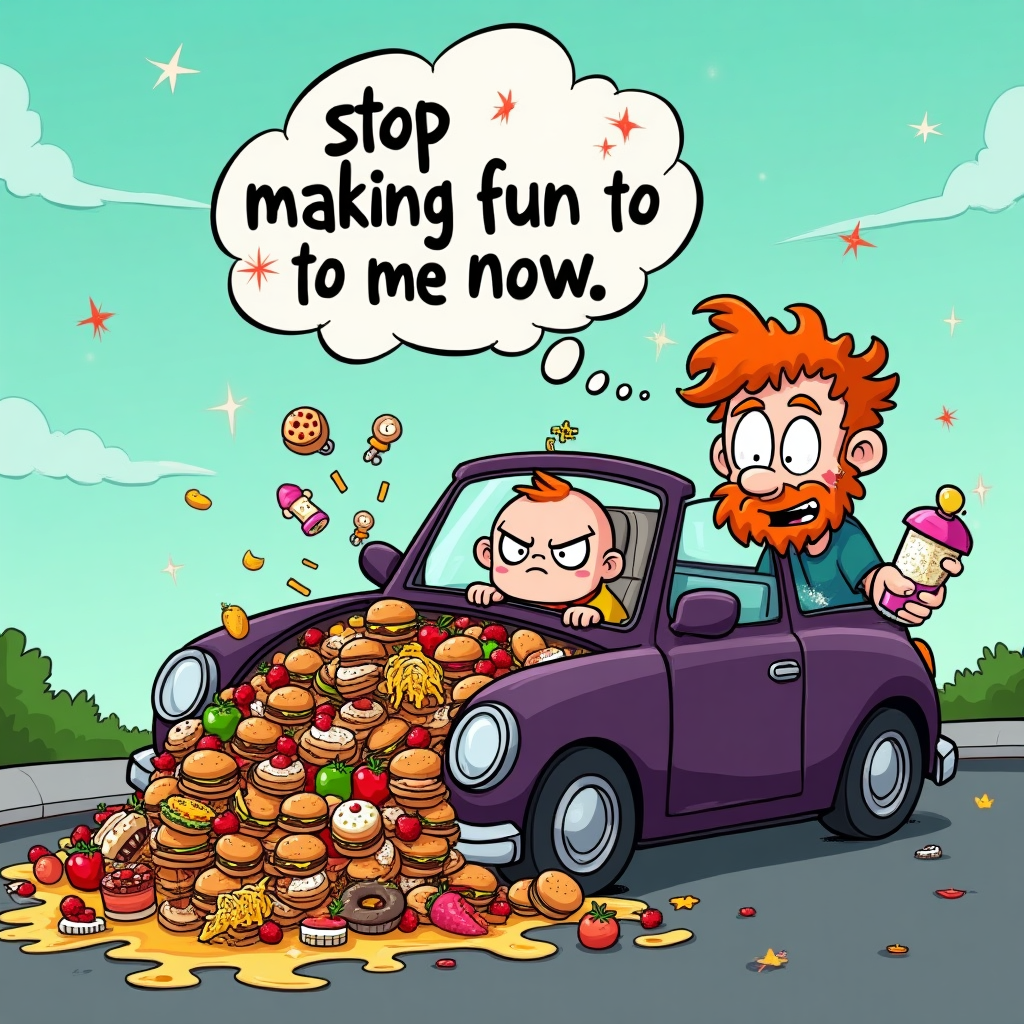 Dark purple car, Lots of food, Ginger man, and New-baby Card