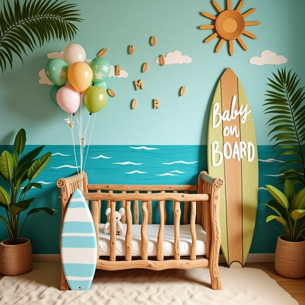 Imagine a whimsical beachside nursery where the joyous arrival of a new baby is celebrated with a unique blend of tropical flair and cozy warmth. The scene features a sandy floor, reminiscent of a pristine beach, scattered with tropical plants, their vibrant green leaves creating a lush backdrop. In the center, a rustic wooden crib, made from driftwood with intricate carvings, sits with a small plush surfboard hanging on its side, the vibrant blue and white stripes echoing the waves of the ocean.

Above the crib, a cluster of helium-filled balloons in shades of green and white floats gently, their strings tethered to the crib posts. Each balloon is adorned with tiny wooden charms shaped like surfboards and seashells. Hanging across the top of the crib is a decorative garland of mini surfboards, each painted with delicate designs of tropical flowers and palm leaves.

A larger-than-life surfboard leans casually against the wall, its surface painted with a scenic beach mural where gentle waves kiss the shore. On this mural, "Baby on Board" is skillfully incorporated into the sky above, with letters that resemble fluffy white clouds. The lettering is playfully scattered, as if the breeze has whimsically rearranged them, adding to the playful ambiance.

In the background, a wooden mobile shaped like a sun dangles from the ceiling, its rays painted in shades of green and white, casting playful shadows on the scene below. This delightful tableau, blending elements of nature, beach, and celebration, encapsulates the joyous spirit of welcoming a new life with the personalized touch of "Baby on Board" gracefully blending into the picture-perfect beach sky.
Generated with these themes: Decorations, Surf board, balloons, tropical plants, green, white, wood.
Made with ❤️ by AI.