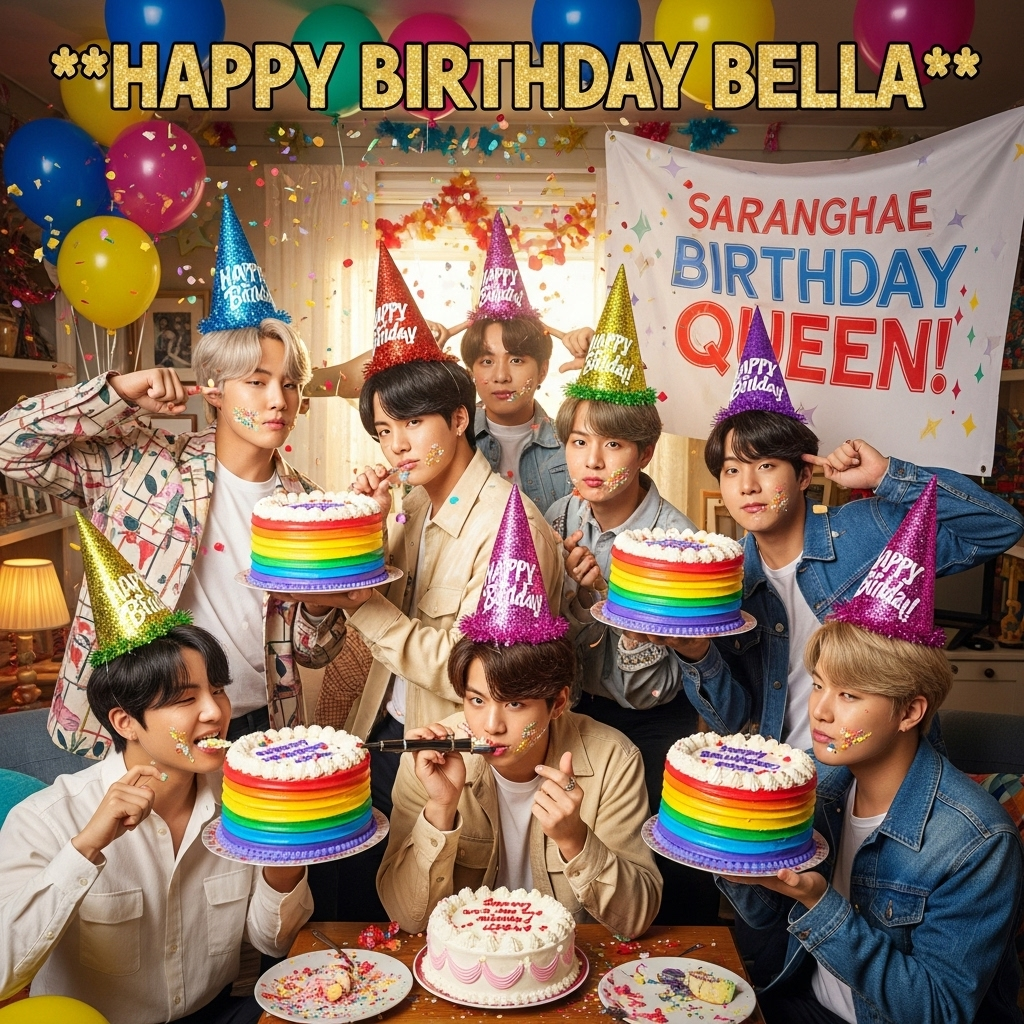 At the top of the Photorealistic picture taken from a camera image, write in bold, sparkly K-pop style lettering: **Happy birthday bella**.  

A hilariously realistic scene of a BTS-inspired K-pop birthday party — all seven lifelike BTS members wearing over-the-top glittery birthday hats, holding giant rainbow-frosted cakes, and striking exaggerated finger-heart poses for the camera. They are crammed together in a tiny, chaotic decorated living room, with balloons, confetti mid-air, and a huge "Saranghae Birthday Queen!" banner hanging crooked in the background. One member is pretending to serenade a cake with a microphone, another is trying to feed frosting to the camera lens. Bright, warm lighting makes the frosting shine, and the details capture the humor: smudges of cake icing on their cheeks, playful expressions, and cheeky winks. Ultra-high-definition 4K UHD quality, perfect depth of field with BTS members crisp in focus and a slightly blurred festive background, making the scene look like a candid shot from a friend’s camera.
Generated with these themes: Bts, K pop, and .
Made with ❤️ by AI.