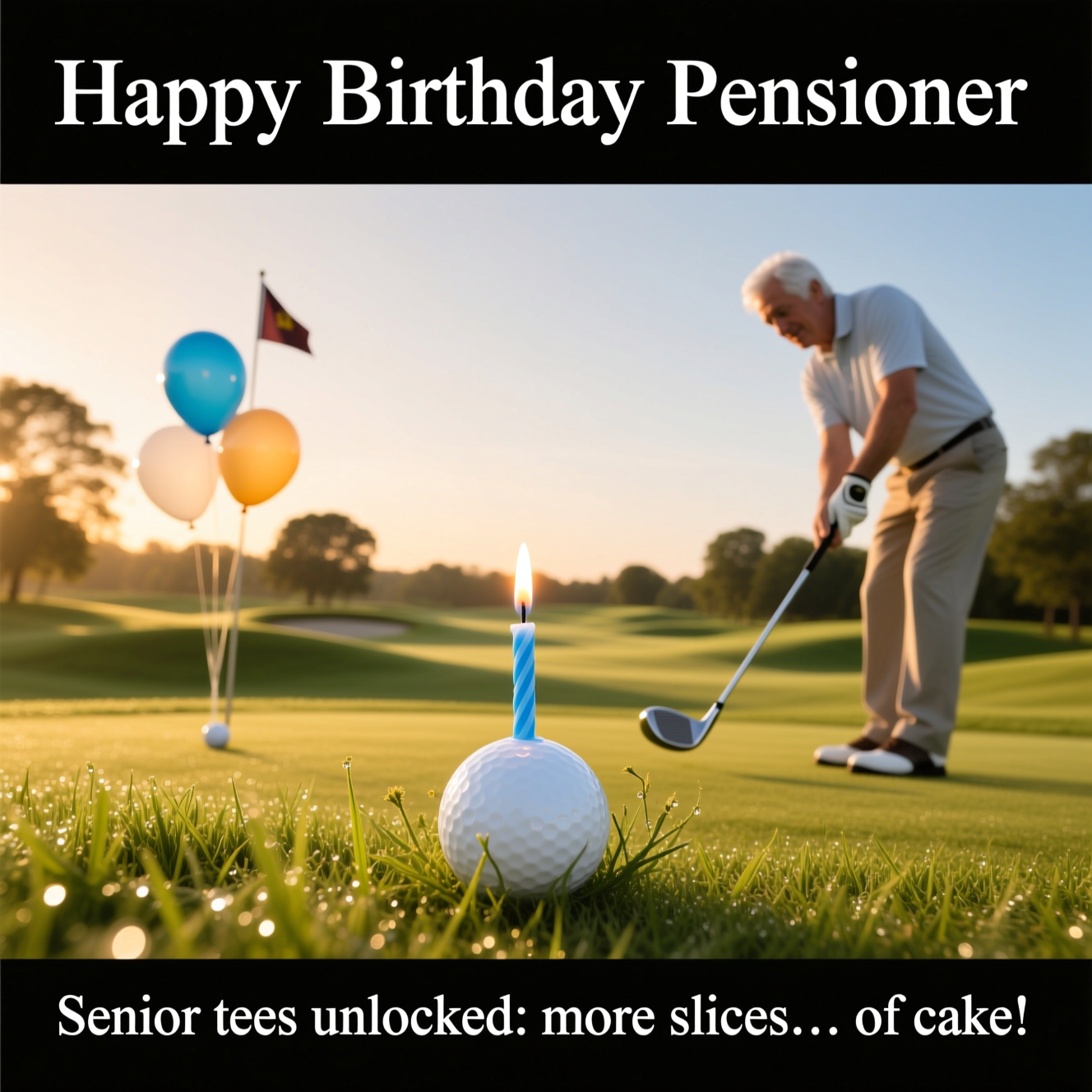 At the top of the Photorealistic picture taken from a camera image, "Happy Birthday Pensioner"

At the bottom of the image, "Senior tees unlocked: more slices... of cake."

Ultra-high-definition 4K UHD, true-to-life golf scene at golden hour. Low-angle shot from tee height on a pristine course: crisp, dewy grass blades in sharp focus. A white golf ball sits perched atop an unlit sky-blue birthday candle used as a tee (subtle wax sheen, tiny grass clippings sticking to it). A silver‑haired golfer is mid‑drive entering frame from the right—hands gripping a driver; the clubhead has slight motion blur as it sweeps toward the ball. Background softly blurred for rich depth of field: rolling fairway, trees, and a distant flag with a couple of helium balloons tied low to the pin. Warm sunlight rim‑lights the ball and candle; realistic shadows, natural colors, faint lens flare. Shot parameters: 85mm, f/2.8, ISO 100, 1/2000s for crisp textures and lifelike detail.

Typography: Place the top line large and centered over the sky in clean white sans‑serif with a soft black drop shadow for legibility. Place the bottom line centered just above the lower edge in white with a subtle shadow. Only include these two text lines; no other text or logos.
Generated with these themes: Golf, and .
Made with ❤️ by AI.