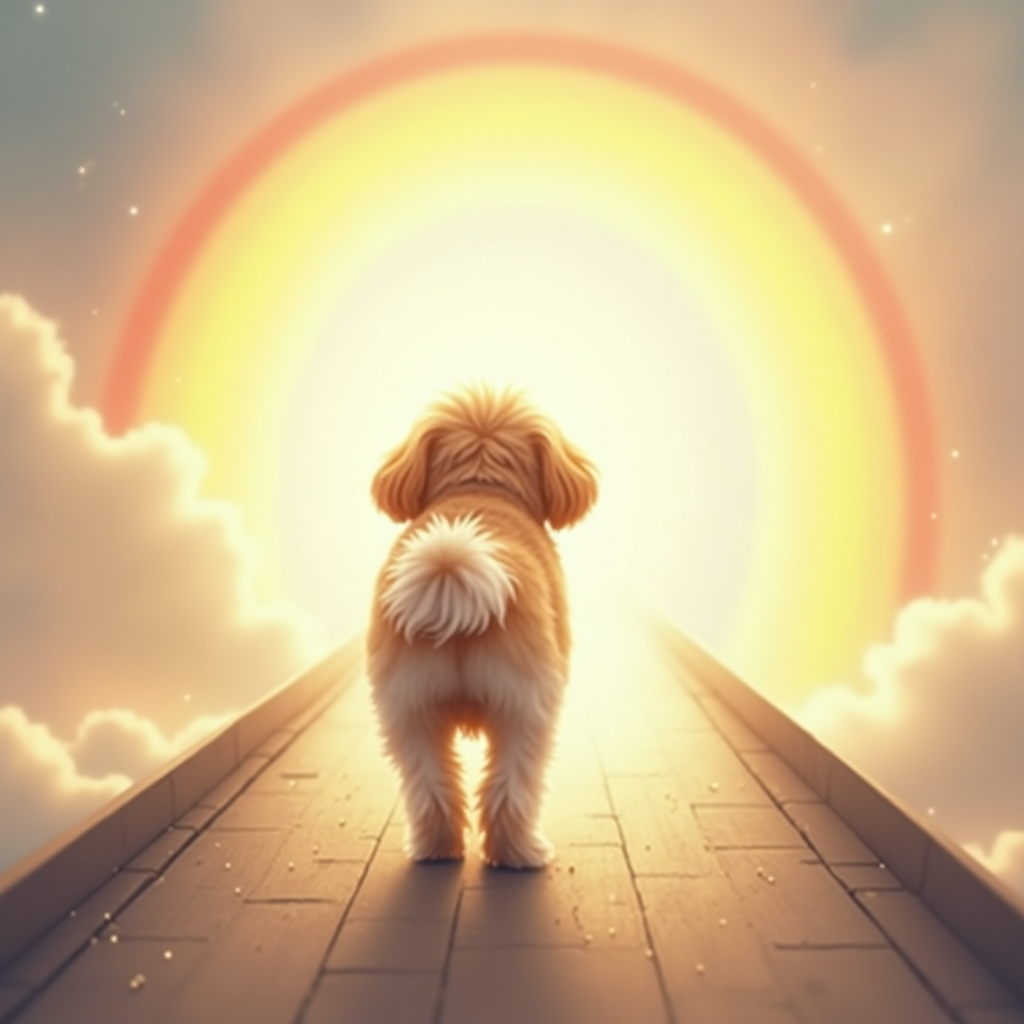 At the top of the realistic photograph image: "Peggy, even the clouds got misty when that little floof took the fluffiest detour over the Rainbow Bridge."

**Prompt for image generation:**  
A solemn, high-resolution realistic photograph of a golden and white Shih Tzu gently walking along a radiant, ethereal rainbow bridge that arcs into a soft, cloudy sky. The background is tranquil and peaceful, bathed in a golden-hour glow. The Shih Tzu is shown from behind, tail slightly wagging, as it steps into the warm light. There are subtle sparkling particles around the paws to symbolize a gentle passing. A soft, hazy halo encircles the dog’s silhouette. The scene is quiet and respectful, evoking deep emotion, while still conveying hope and warmth. Ideal for a sympathy greeting card.
Generated with these themes: Gold and white shi tzu crossing the rainbow bridge .
Made with ❤️ by AI.