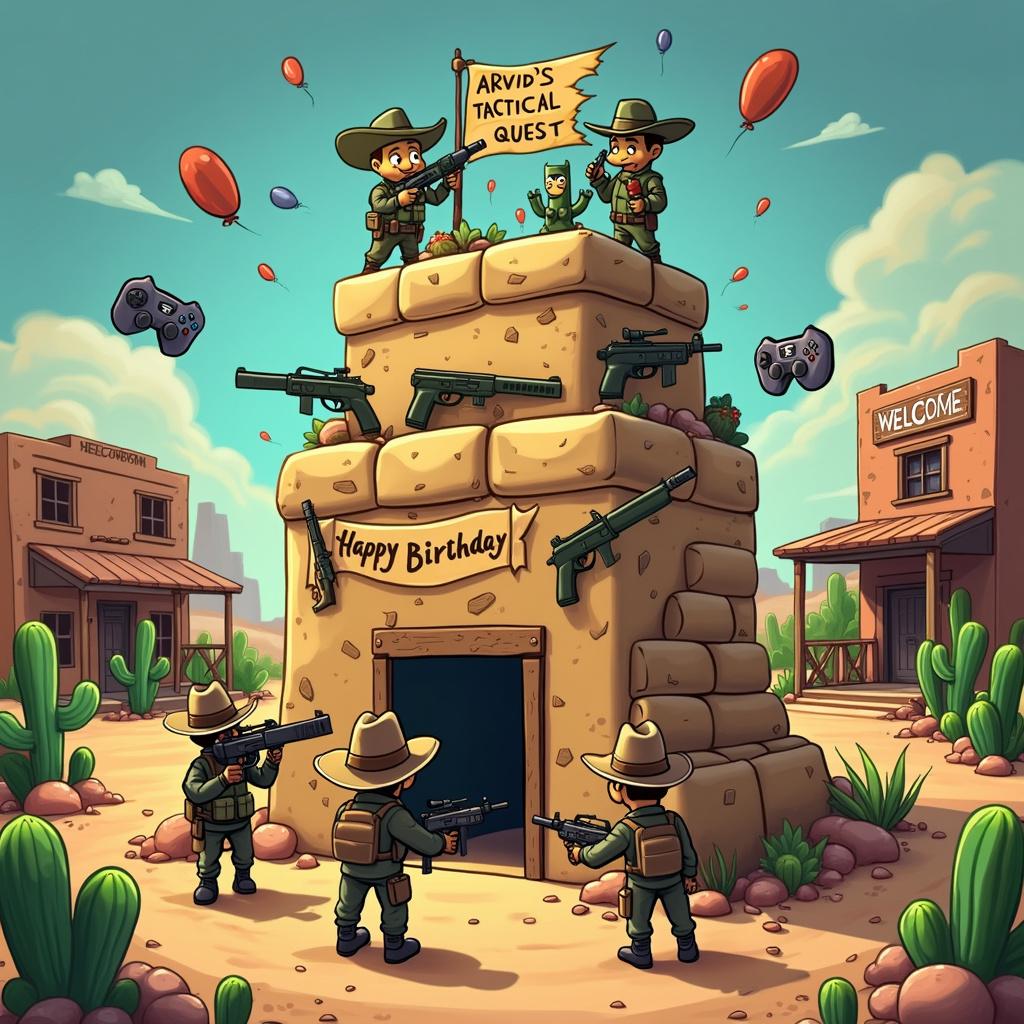 A vivid and bustling Surreal Cartoon birthday scene unfolds, tailored for Arvid with a blend of his loves. In the center stands a towering cake shaped like a rugged military bunker, complete with fondant sandbags and a Happy Birthday Arvid banner strewn with old-style western font across it. Atop the cake, airsoft guns and miniature green army figures guard the frosting. Around the cake, various cartoonish game controllers, resembling pieces from popular computer games, are scattered like confetti. The background is a digital landscape, reminiscent of a computer game, with pixelated cacti and cartoonish desert bushes punctuating the terrain, while a saloon with swinging doors sits to the side. Hanging from the saloon, a sign welcomes guests to 'Arvid's Tactical Birthday Quest.' Cartoonish characters in cowboy hats wield airsoft guns, engaged in a mock standoff, adding to the thematic fusion of elements.
Generated with these themes: Air soft , Military, Western , and Computer games.
Made with ❤️ by AI.