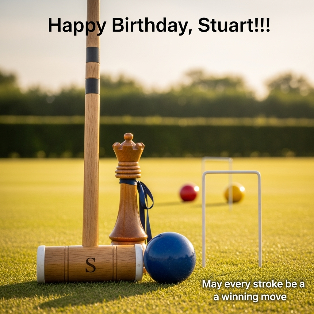 At the top of the Photorealistic picture taken from a camera image, Happy Birthday , Stuart !!!

Ultra-high-definition 4K UHD, realistic, sincere tone. Portrait orientation. Golden-hour sunlight over a manicured croquet lawn, low angle close-up. In crisp focus: a classic wooden croquet mallet with satin-finished head (subtle engraved “S” on the handle), resting beside a glossy blue croquet ball. Just behind them, serving as the croquet center peg, stands a hand-carved wooden chess rook, peg-height, rich oak grain, soft highlights catching its crenellations, a thin navy ribbon tied neatly around it. One white wire wicket arcs nearby; additional red and yellow croquet balls sit softly out of focus further back. Accurate lighting, lifelike textures, and rich depth of field: dew-sparkled grass blades, tiny paint scuffs on the balls, polished wood grain, gentle lens flare. Background: hedges and trees in creamy bokeh, calm, inviting, with generous negative space in the top third for the headline. Camera feel: full-frame 50mm at f/2.8, ISO 100, 1/500 sec; shallow DOF, natural color grading, subtle vignette, no people, no logos.

At the bottom right, add a small, elegant serif caption in soft white with a gentle shadow for legibility: May every stroke be a winning move.
Generated with these themes: Croquet , ROOK, and .
Made with ❤️ by AI.